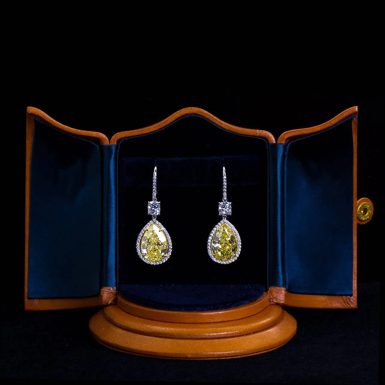 Twenty Carat Fancy Yellow Pear Shaped Diamond Dangle Earrings