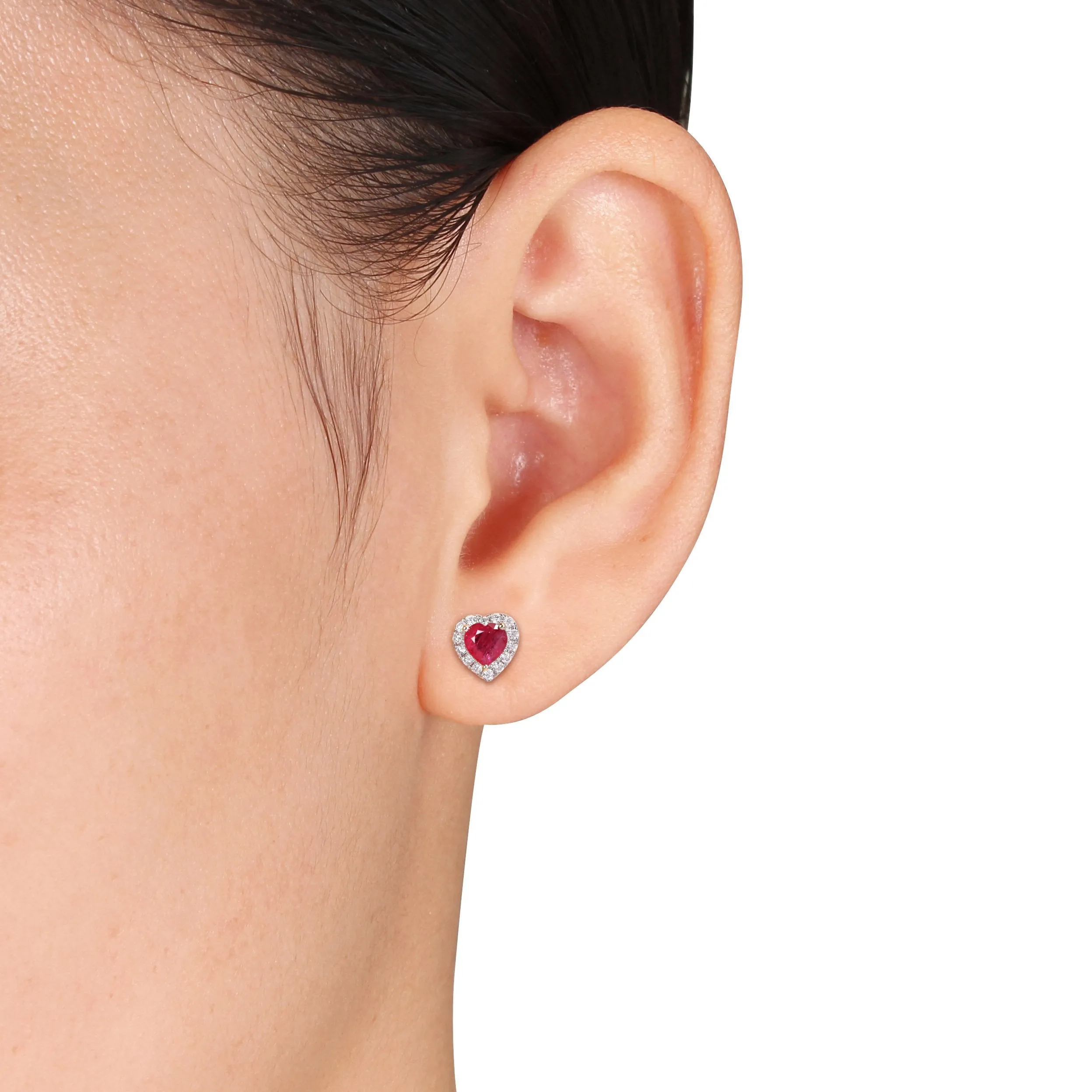 Two-Tone Ruby Heart Diamond Stud Earrings