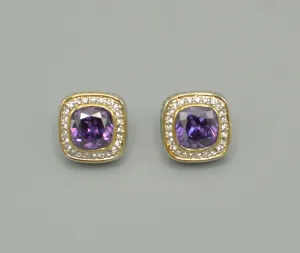 TWO TONE SQUARE AMETHYST CRYSTAL AND RHINESTONES ENGRAVED EARRINGS# 93099ER-AM(FF15)