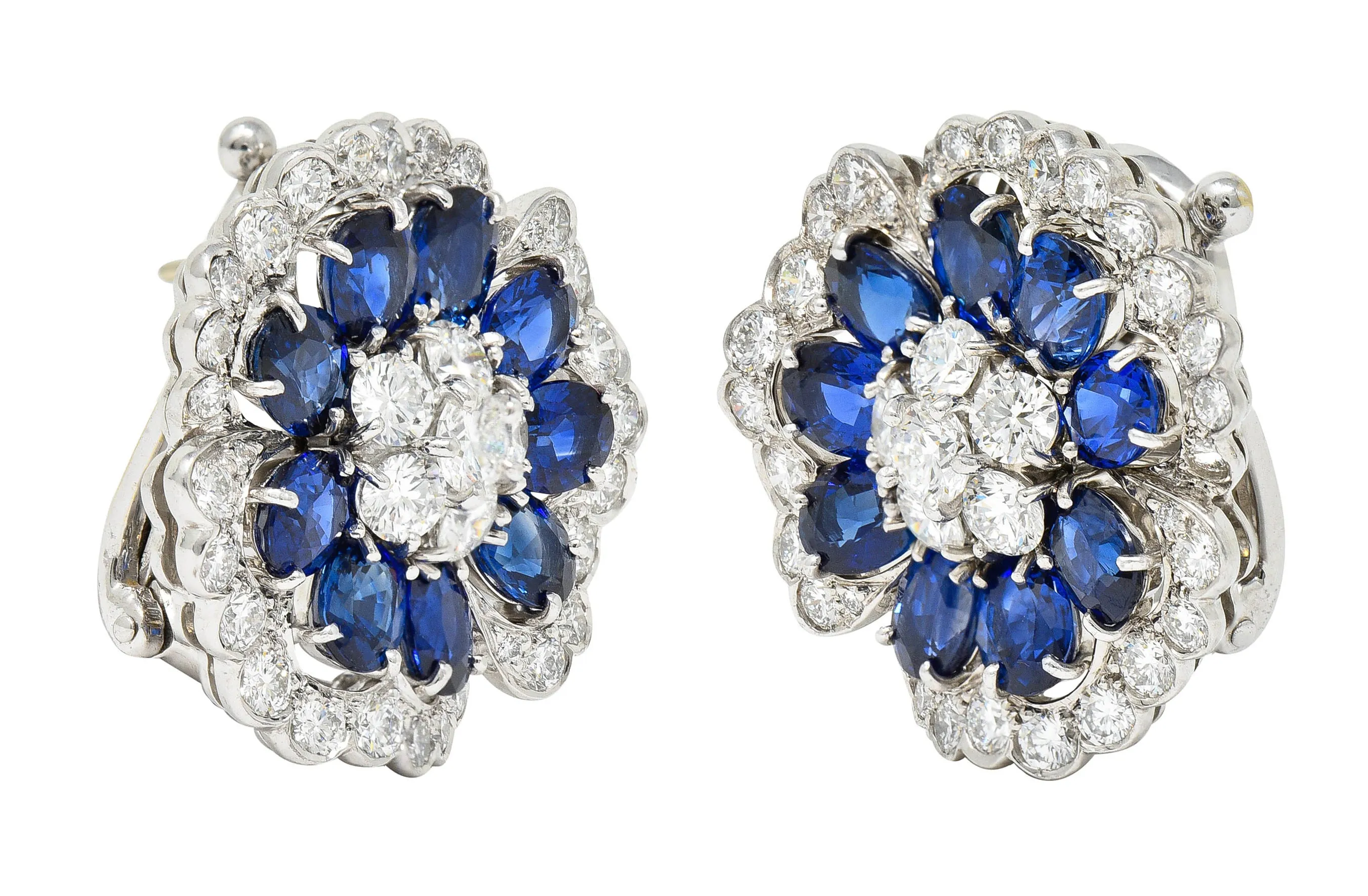 Van Cleef & Arpels 12.65 CTW Sapphire Diamond Platinum Camellia Flower Earrings