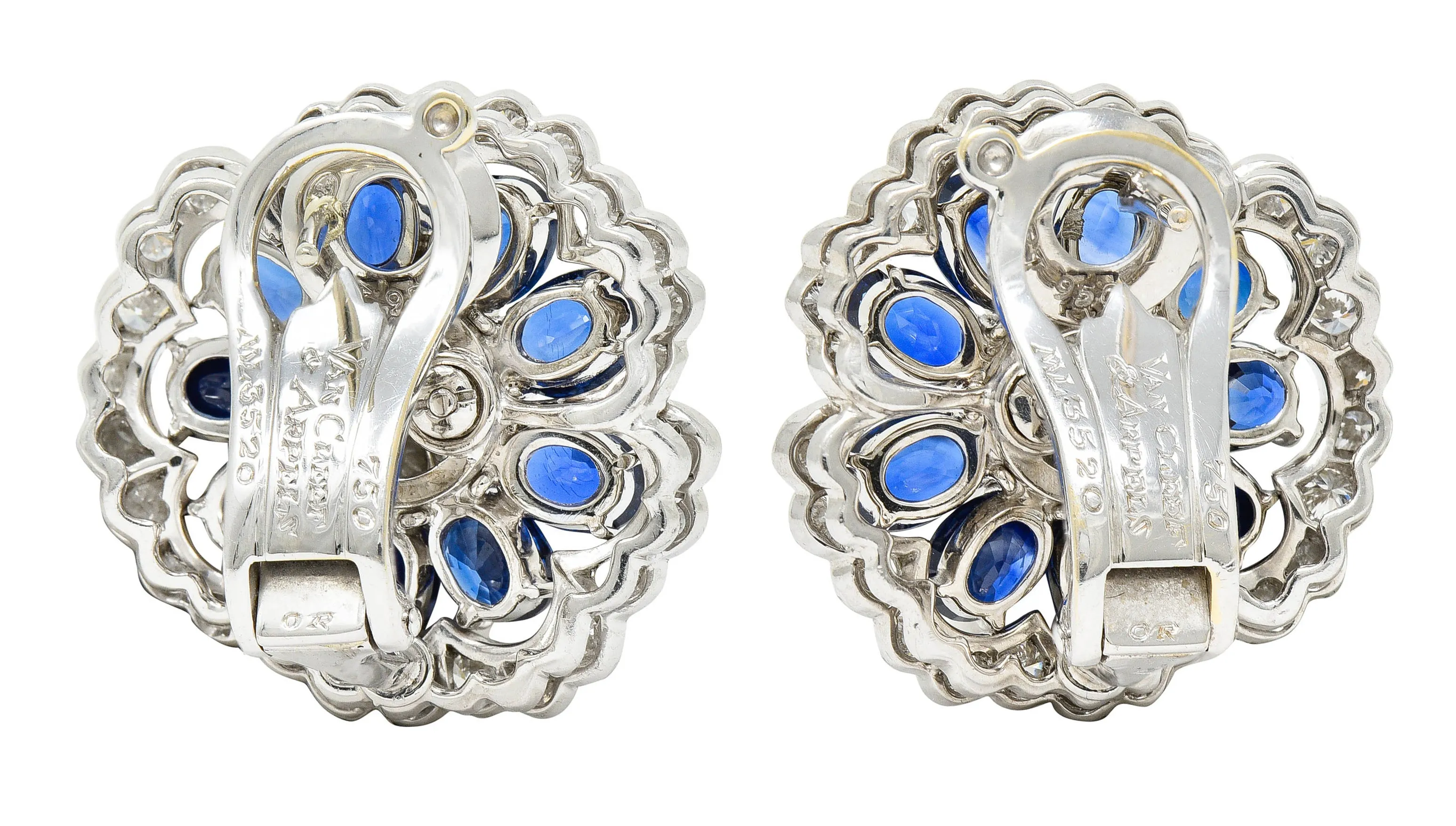 Van Cleef & Arpels 12.65 CTW Sapphire Diamond Platinum Camellia Flower Earrings