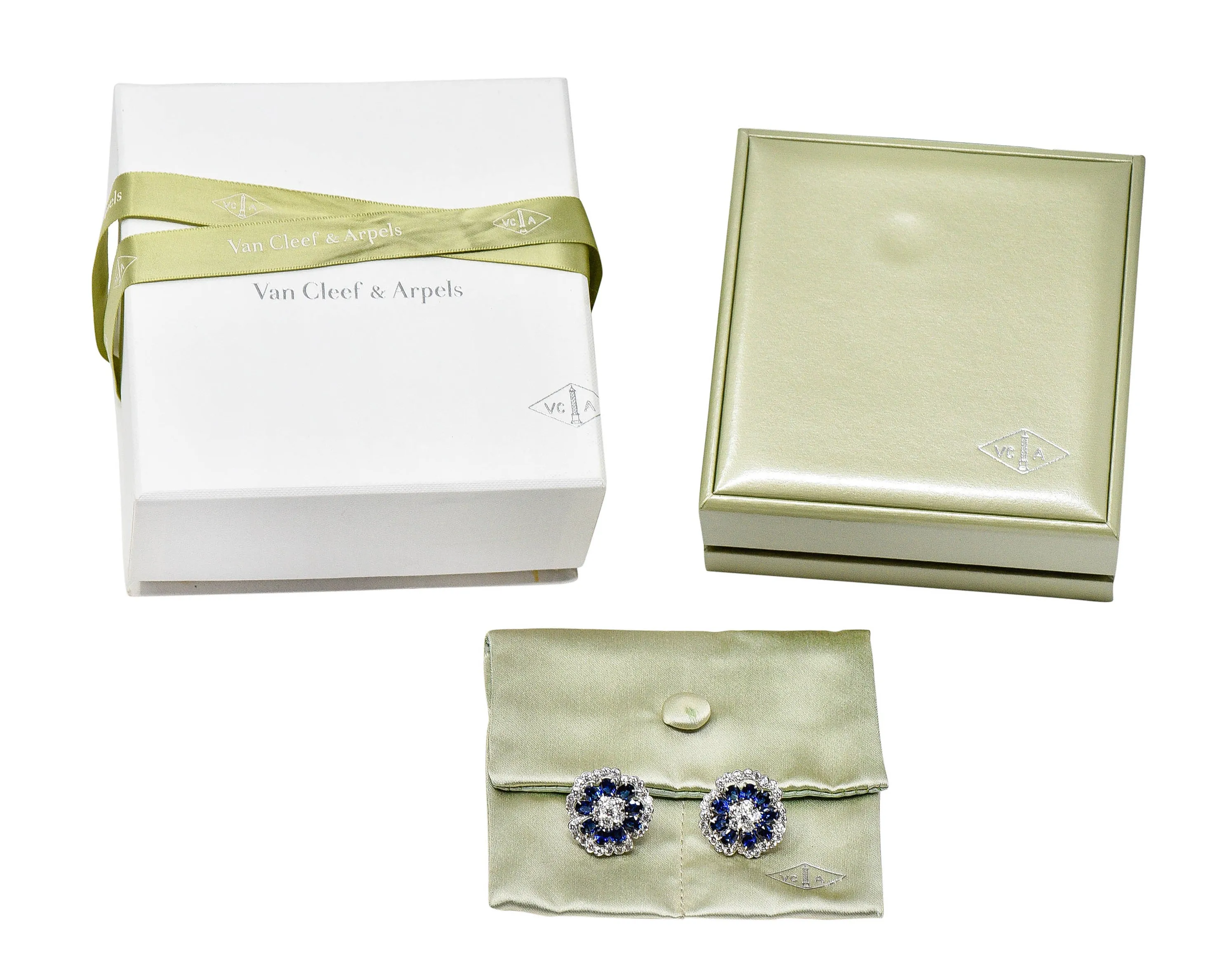 Van Cleef & Arpels 12.65 CTW Sapphire Diamond Platinum Camellia Flower Earrings