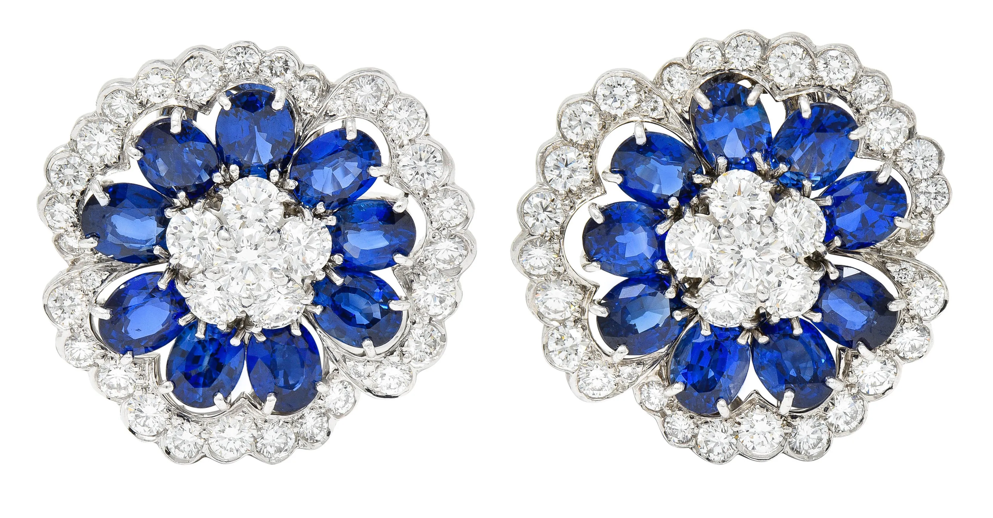 Van Cleef & Arpels 12.65 CTW Sapphire Diamond Platinum Camellia Flower Earrings