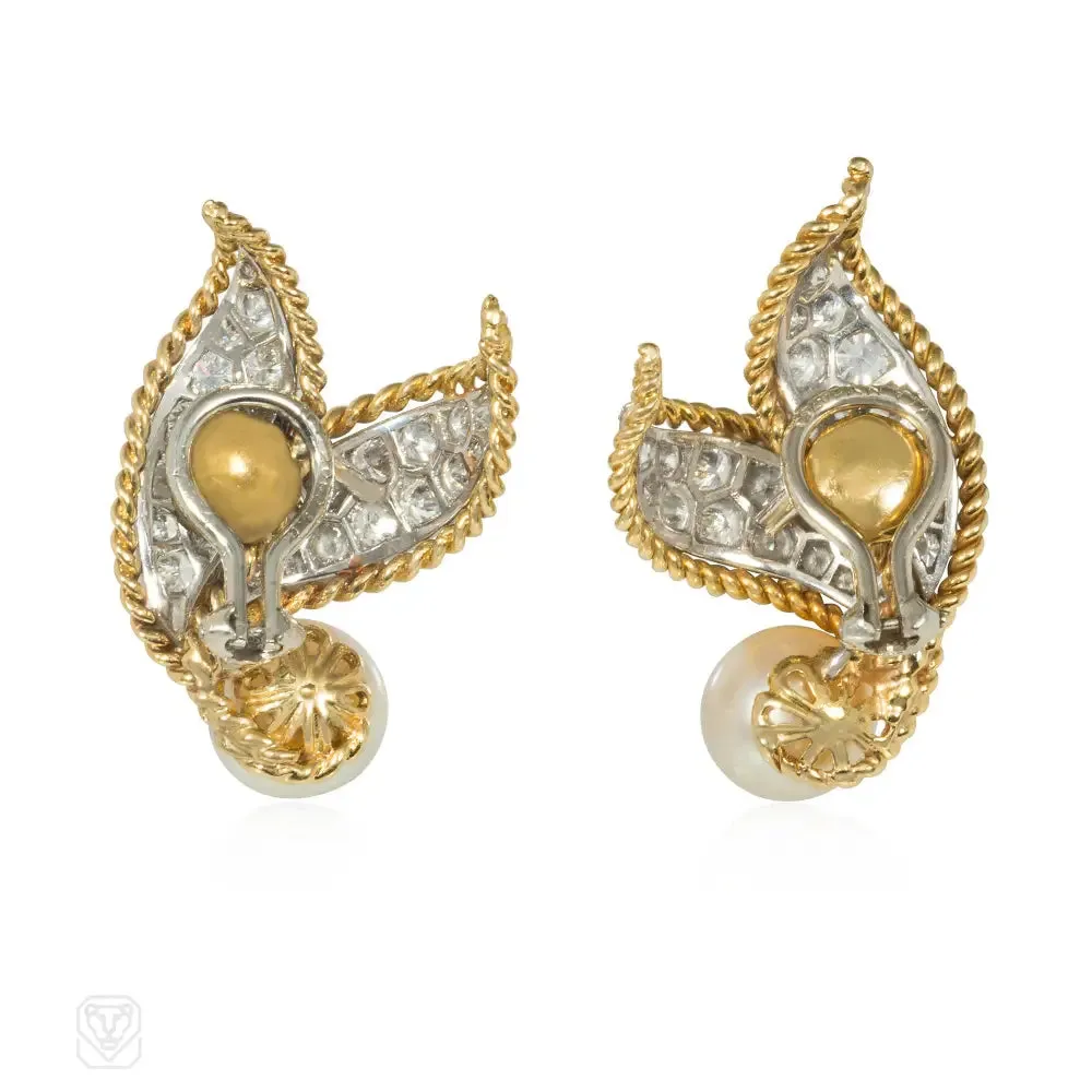 Van Cleef & Arpels diamond and pearl leaf earrings