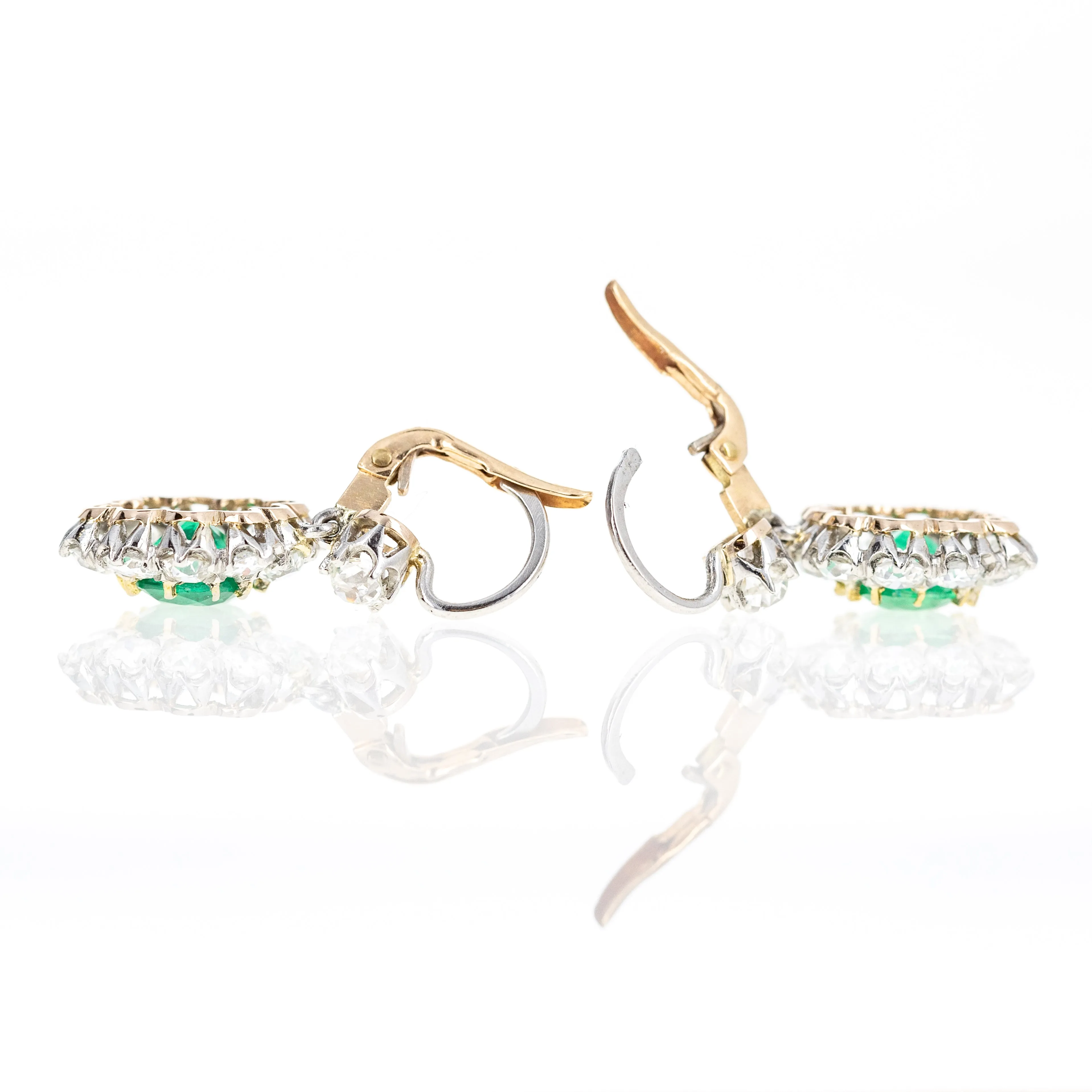 Victorian Inspired 18K Yellow Gold & Platinum 2.65 Carat Emerald Diamond Halo Earrings