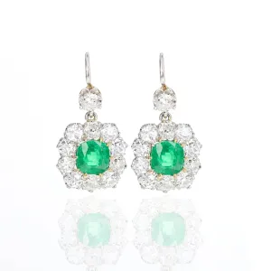 Victorian Inspired 18K Yellow Gold & Platinum 2.65 Carat Emerald Diamond Halo Earrings