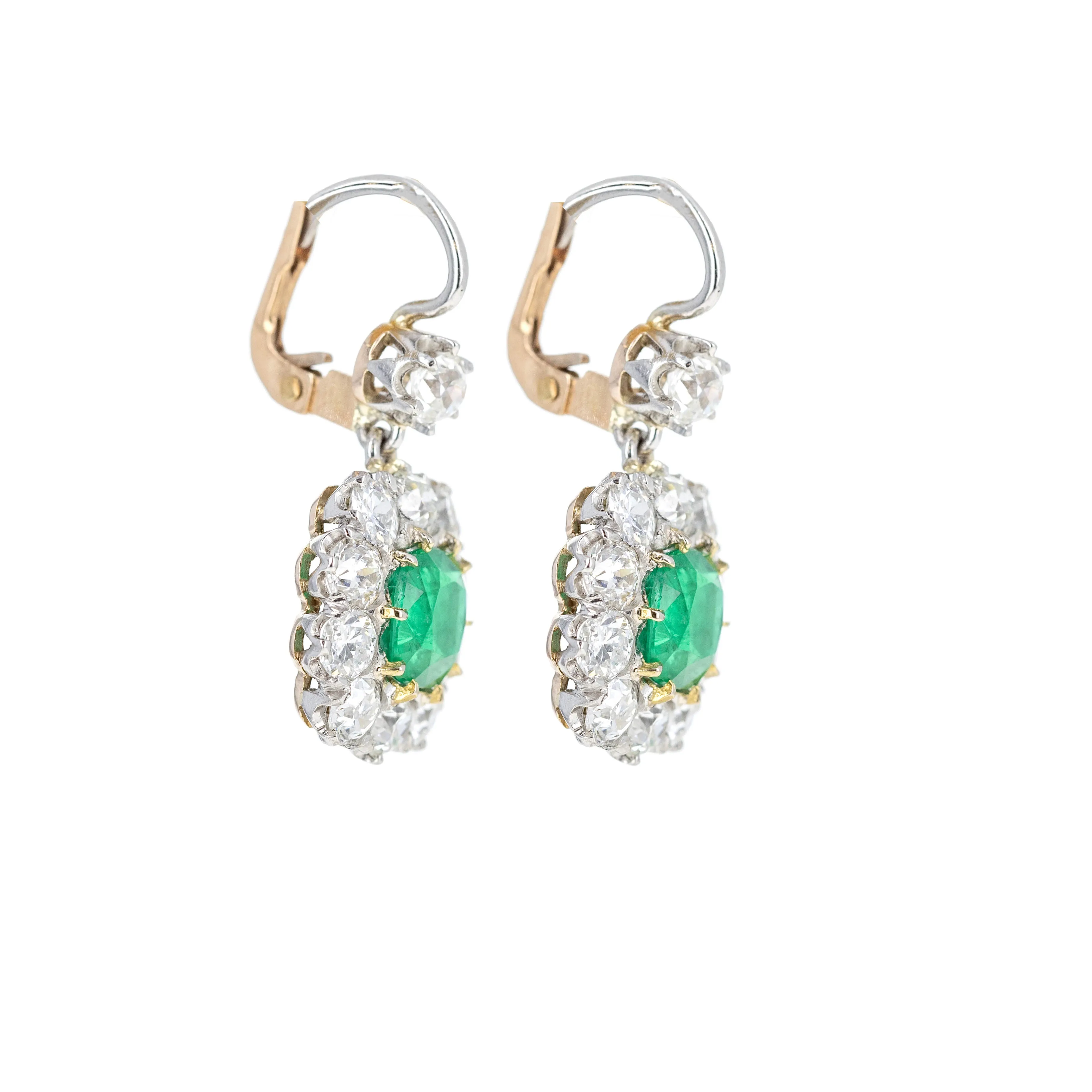 Victorian Inspired 18K Yellow Gold & Platinum 2.65 Carat Emerald Diamond Halo Earrings