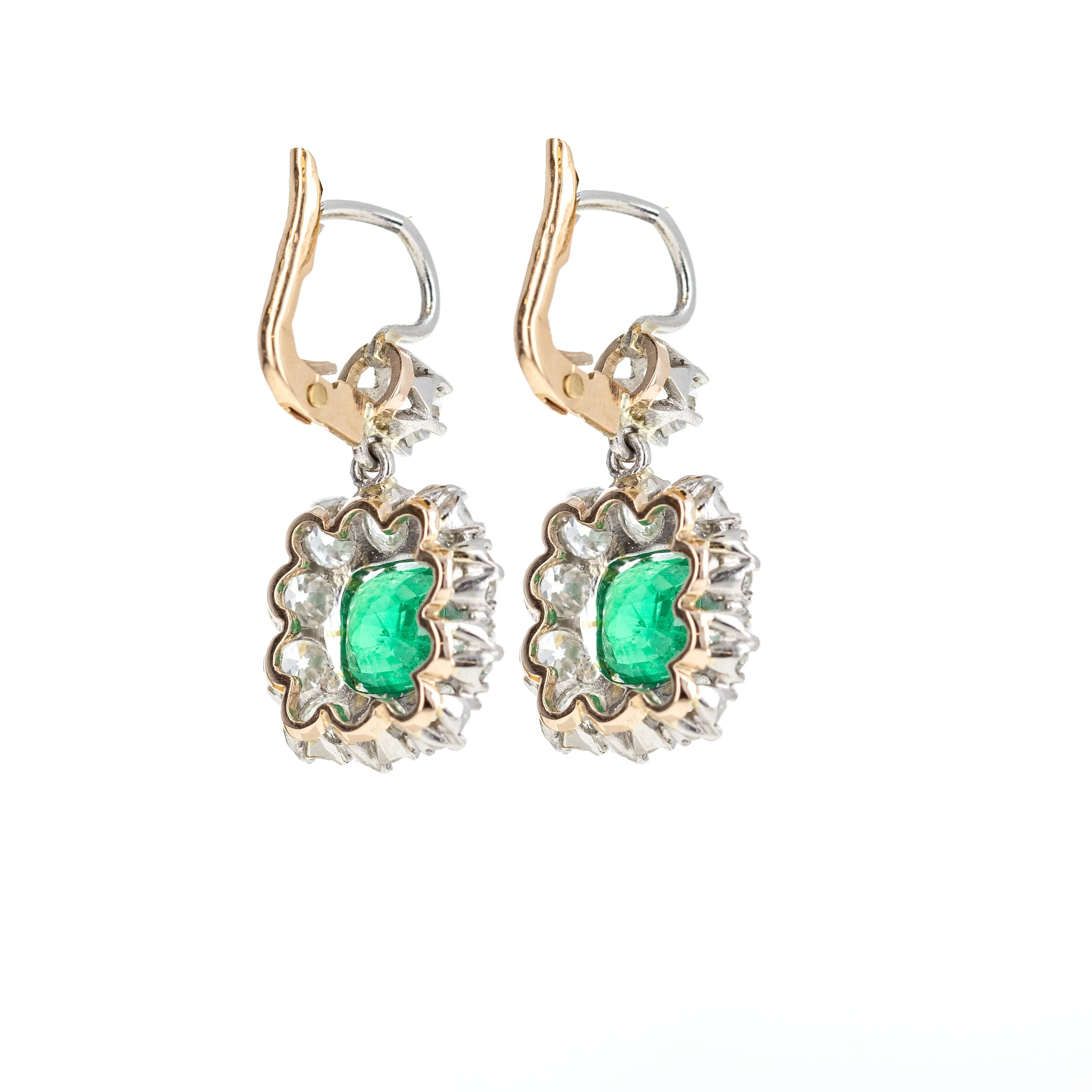 Victorian Inspired 18K Yellow Gold & Platinum 2.65 Carat Emerald Diamond Halo Earrings