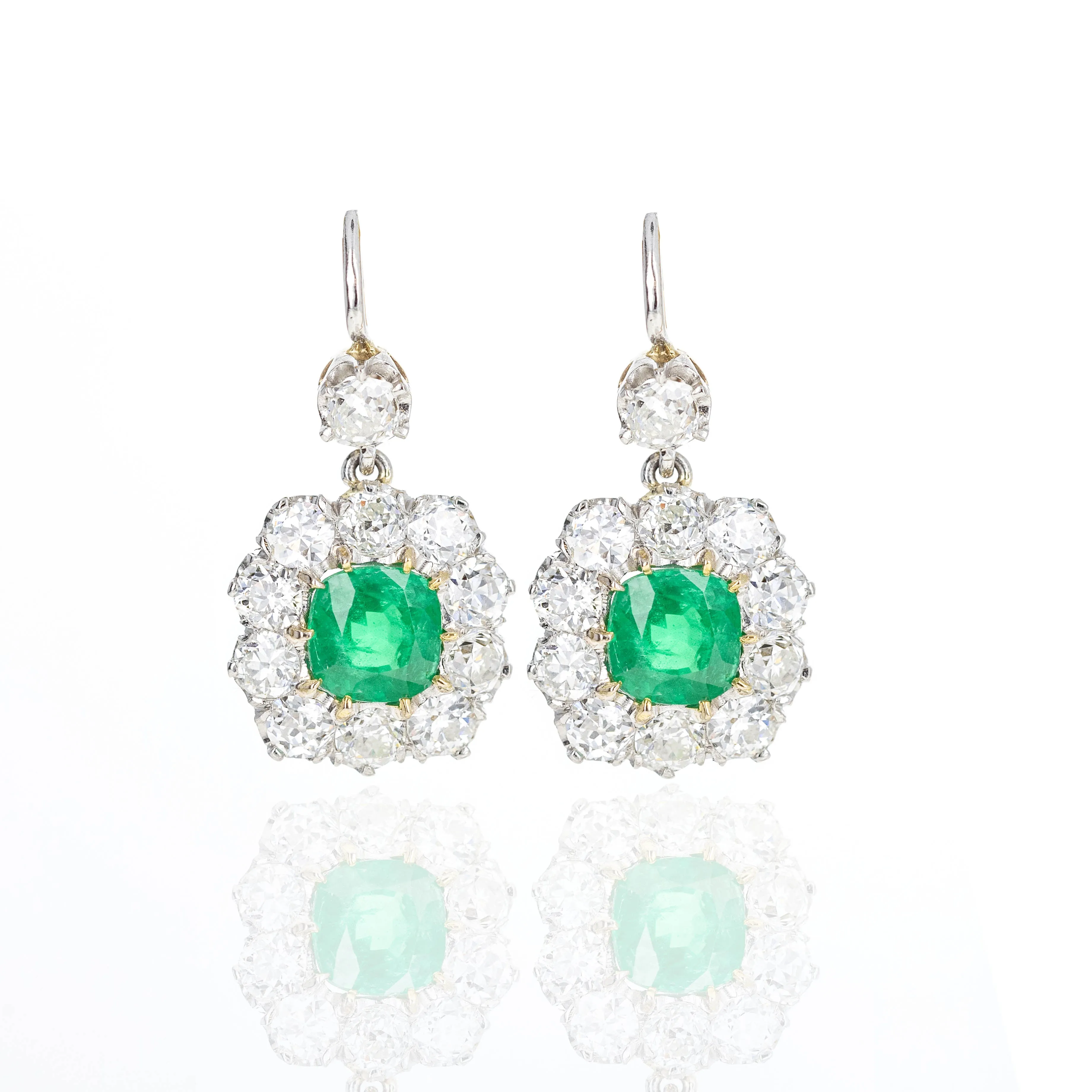 Victorian Inspired 18K Yellow Gold & Platinum 2.65 Carat Emerald Diamond Halo Earrings