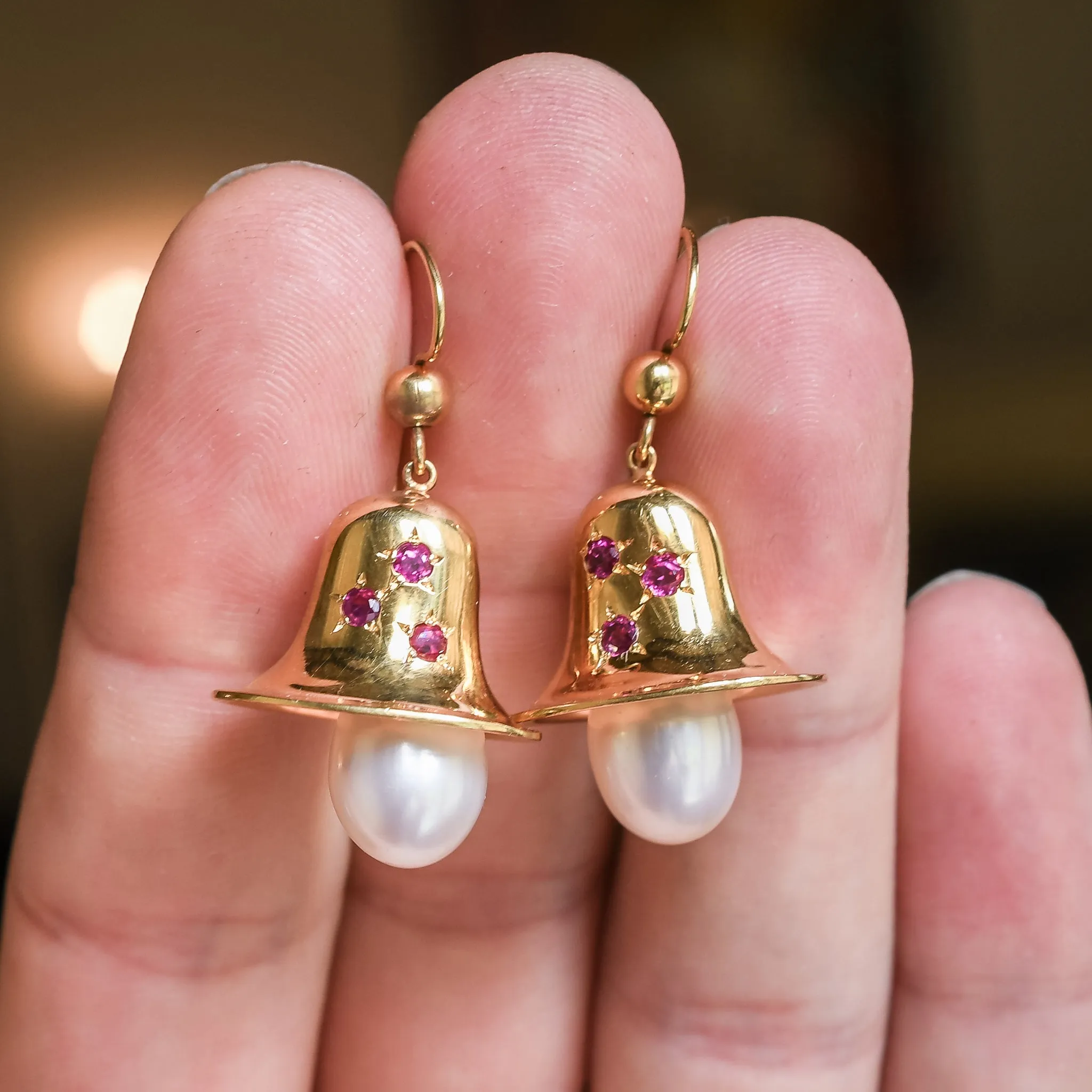Victorian Pearl & Ruby Bell Earrings