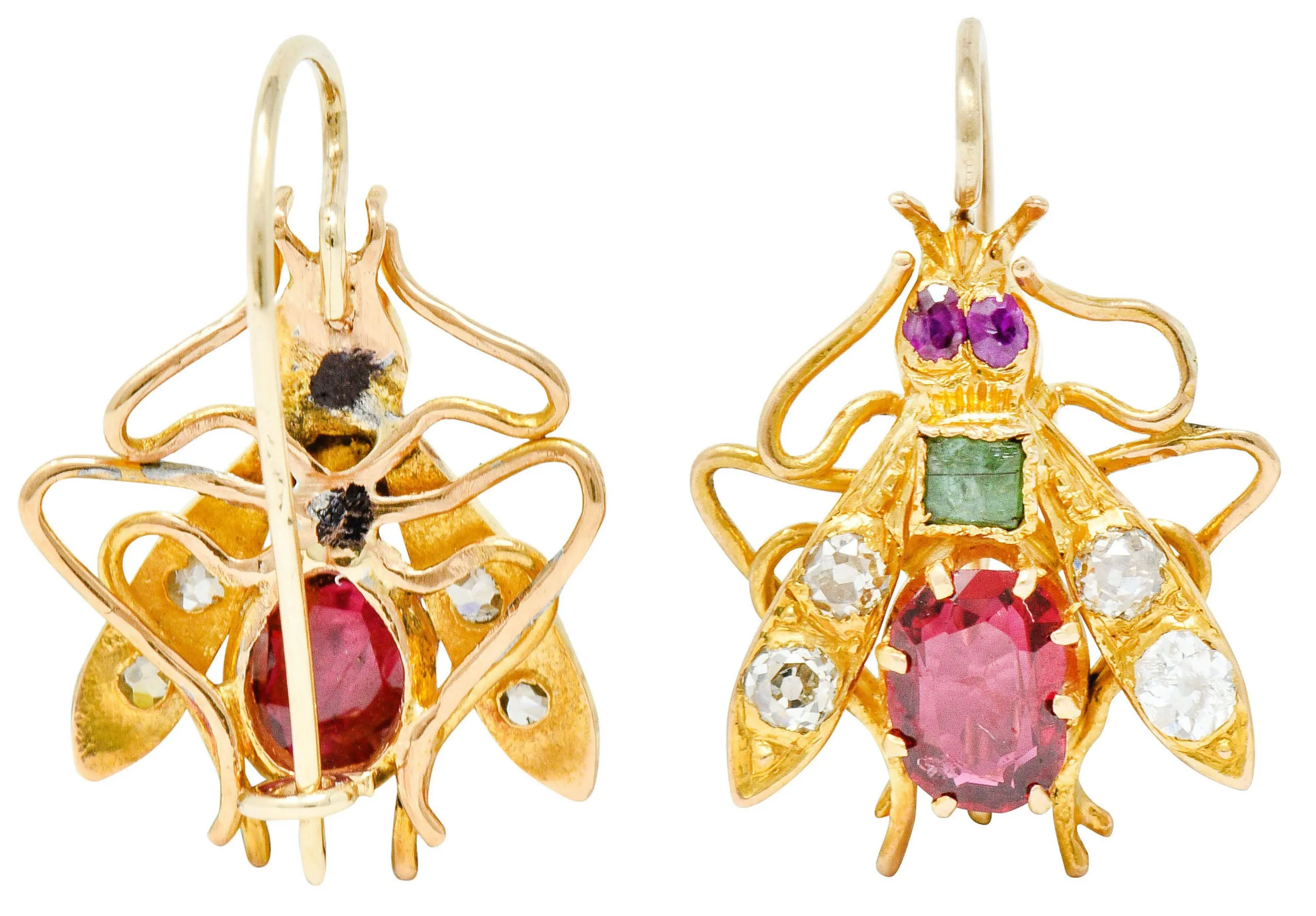 Victorian Spinel Diamond Emerald 18 Karat Gold Insect Earrings