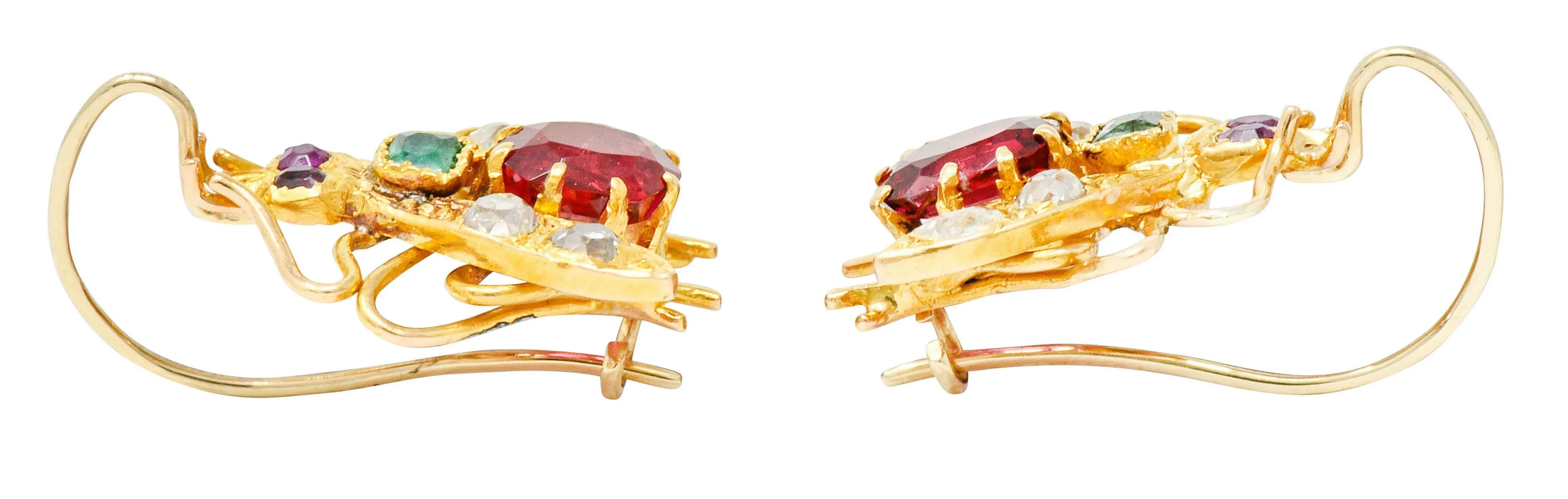 Victorian Spinel Diamond Emerald 18 Karat Gold Insect Earrings