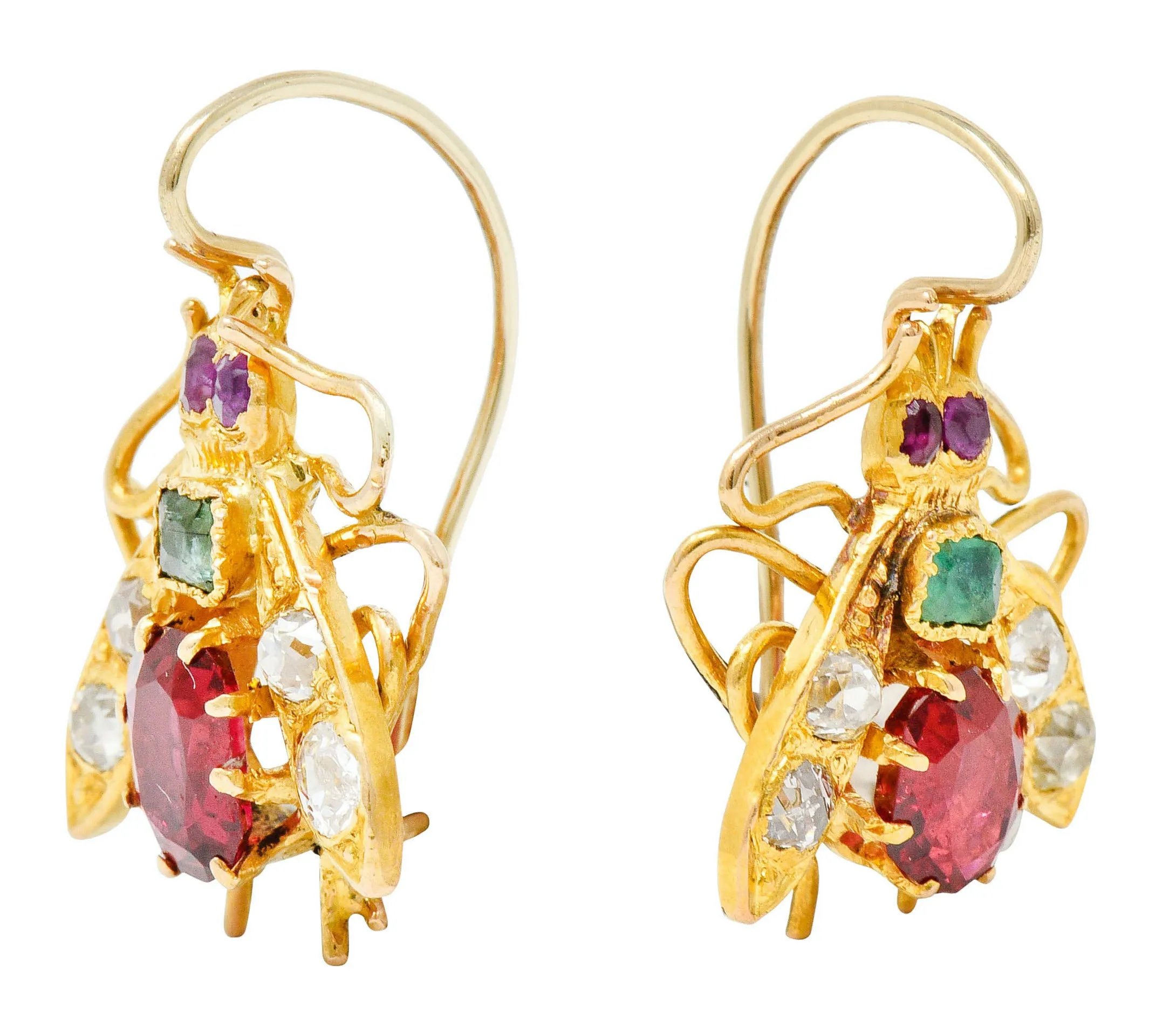 Victorian Spinel Diamond Emerald 18 Karat Gold Insect Earrings