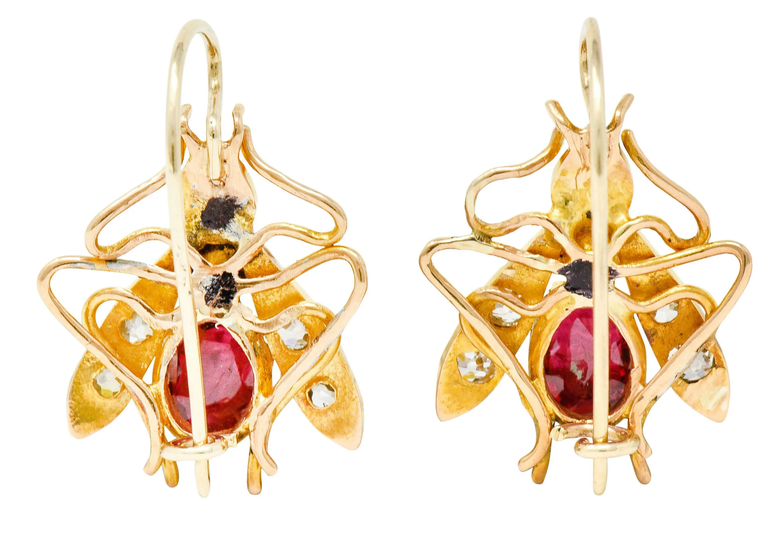 Victorian Spinel Diamond Emerald 18 Karat Gold Insect Earrings