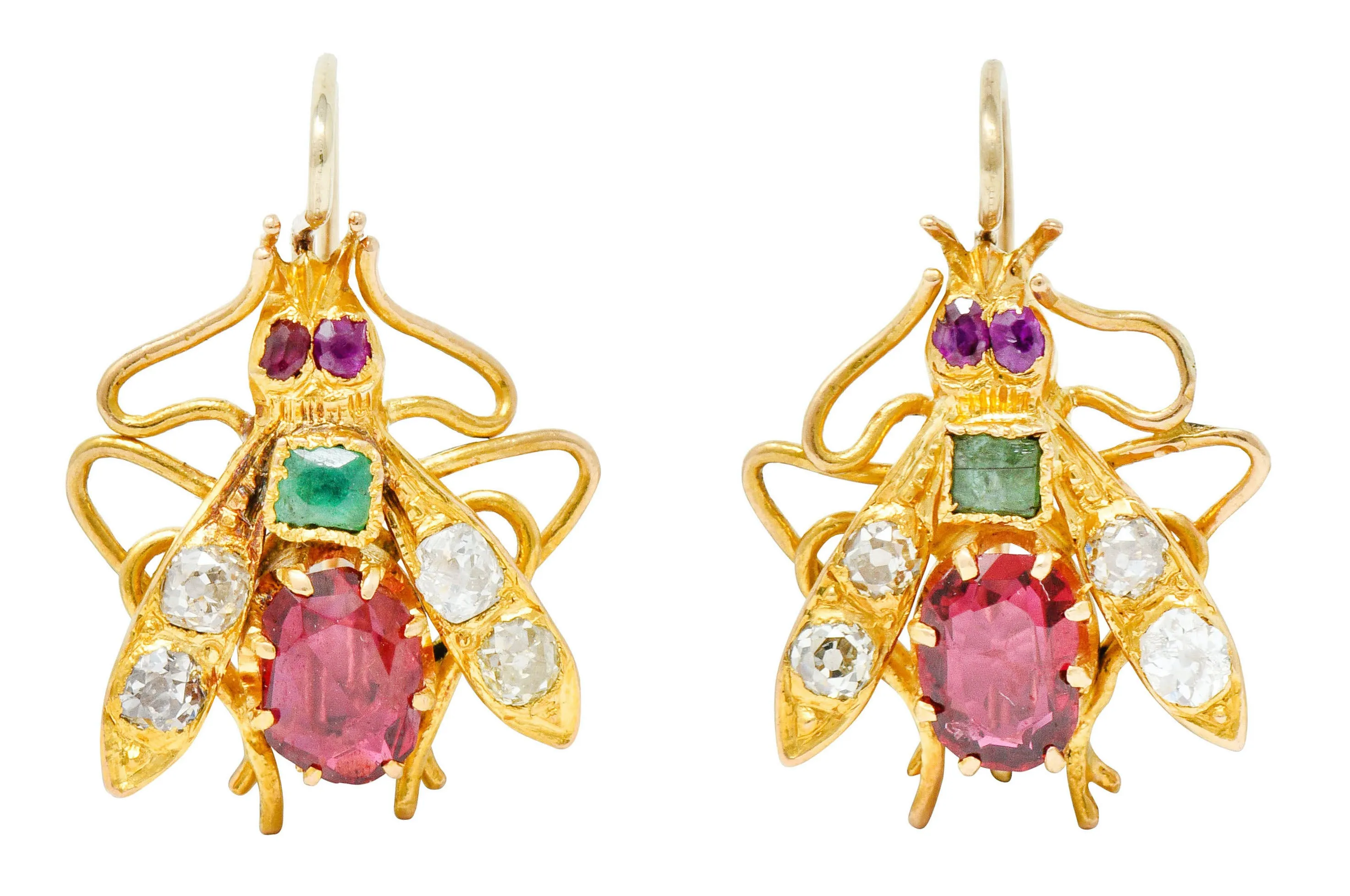 Victorian Spinel Diamond Emerald 18 Karat Gold Insect Earrings