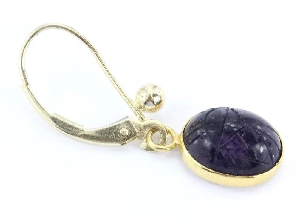 Vintage 14K Gold Amethyst Purple Carved Egyptian Scarab Earrings