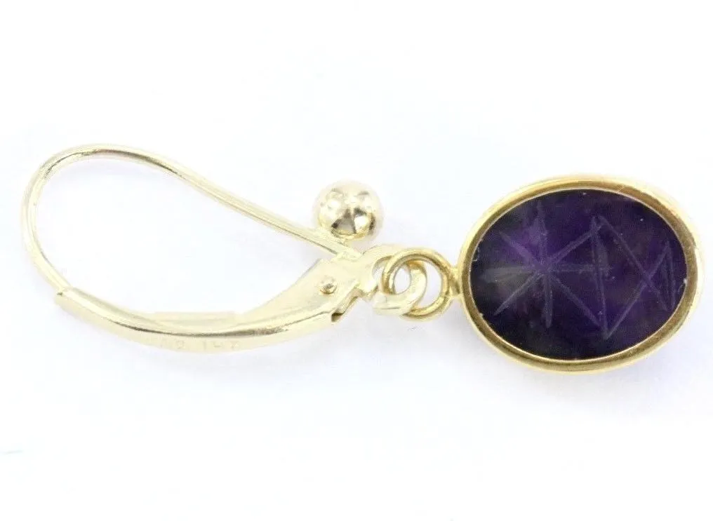 Vintage 14K Gold Amethyst Purple Carved Egyptian Scarab Earrings