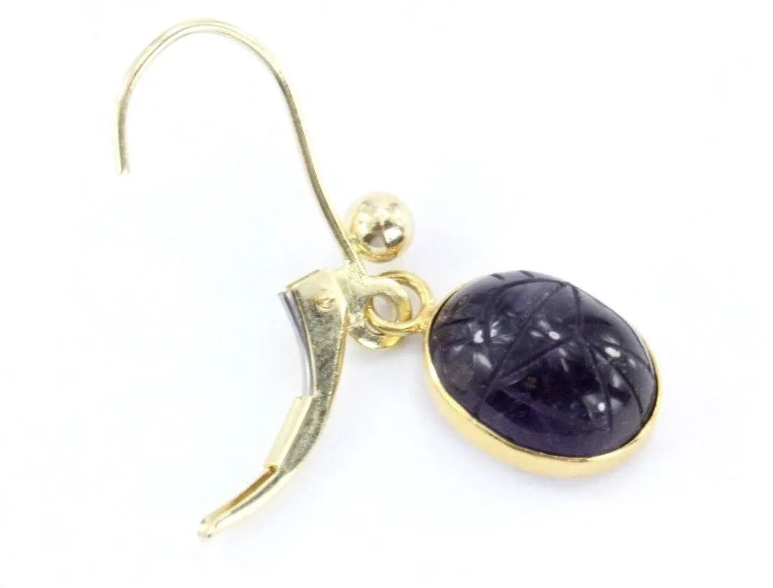 Vintage 14K Gold Amethyst Purple Carved Egyptian Scarab Earrings