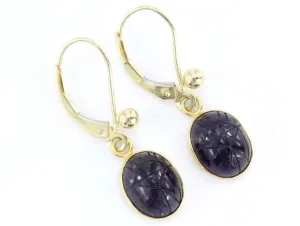 Vintage 14K Gold Amethyst Purple Carved Egyptian Scarab Earrings