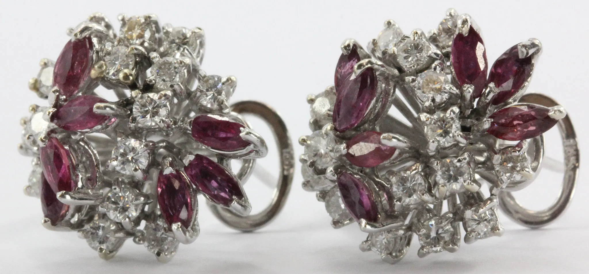 Vintage 18K White Gold Diamond & Ruby Cluster Earrings 2 CTW