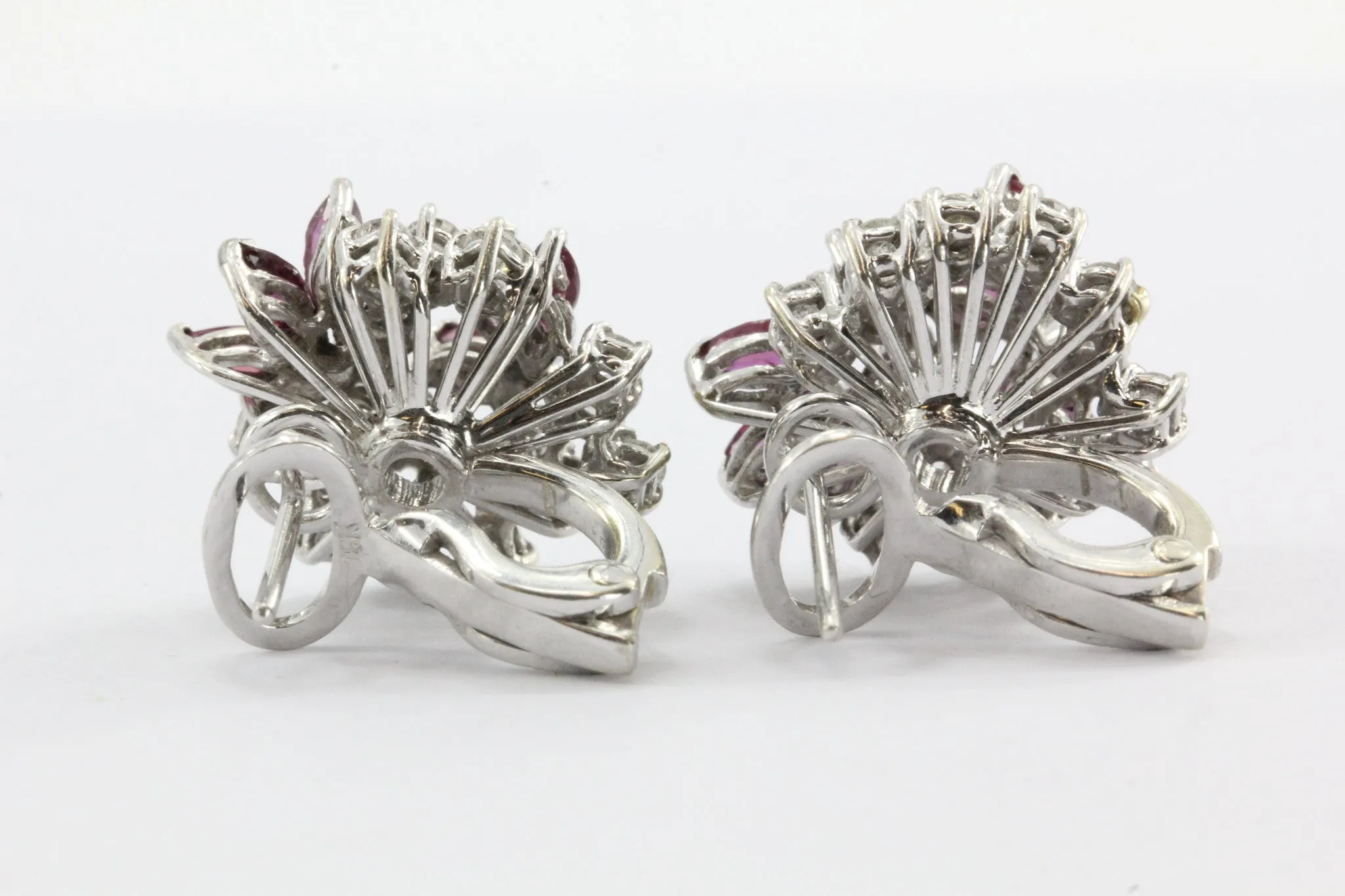 Vintage 18K White Gold Diamond & Ruby Cluster Earrings 2 CTW
