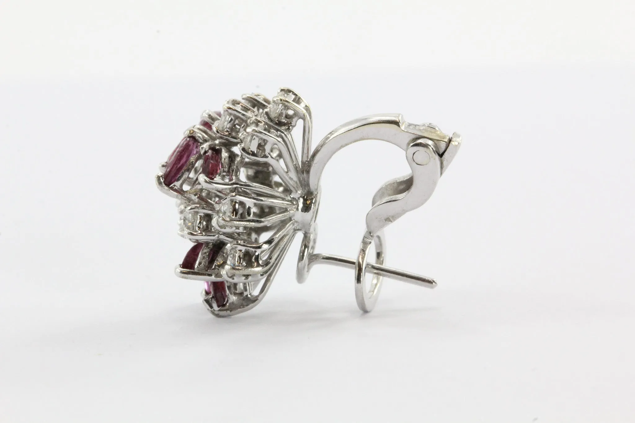 Vintage 18K White Gold Diamond & Ruby Cluster Earrings 2 CTW
