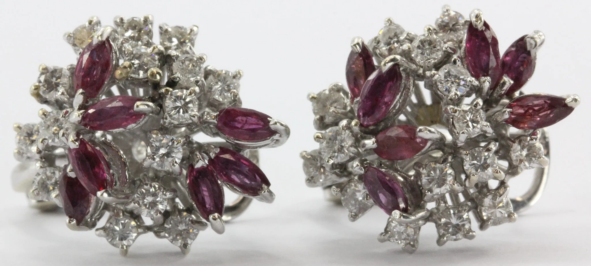 Vintage 18K White Gold Diamond & Ruby Cluster Earrings 2 CTW
