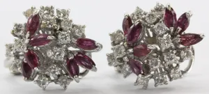 Vintage 18K White Gold Diamond & Ruby Cluster Earrings 2 CTW