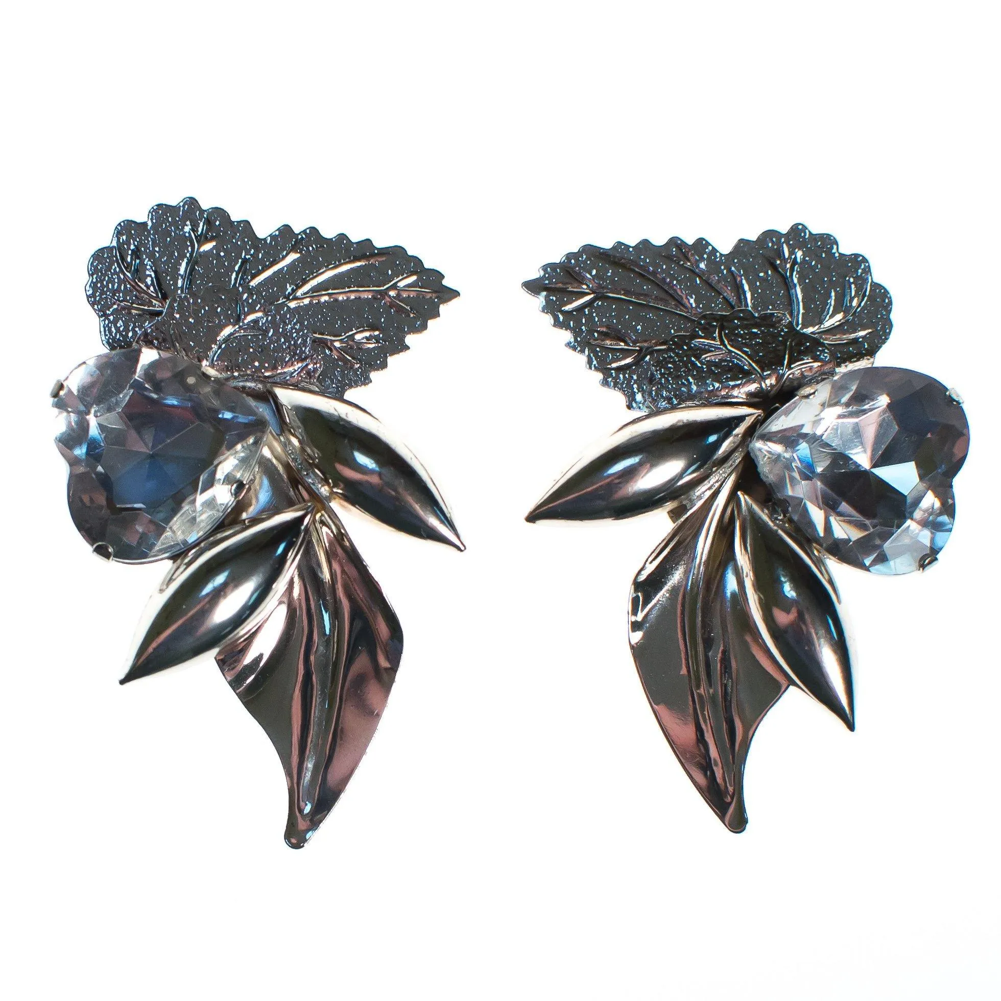 Vintage 1980s Glam Silver Statement Earrings with Crystal Heart