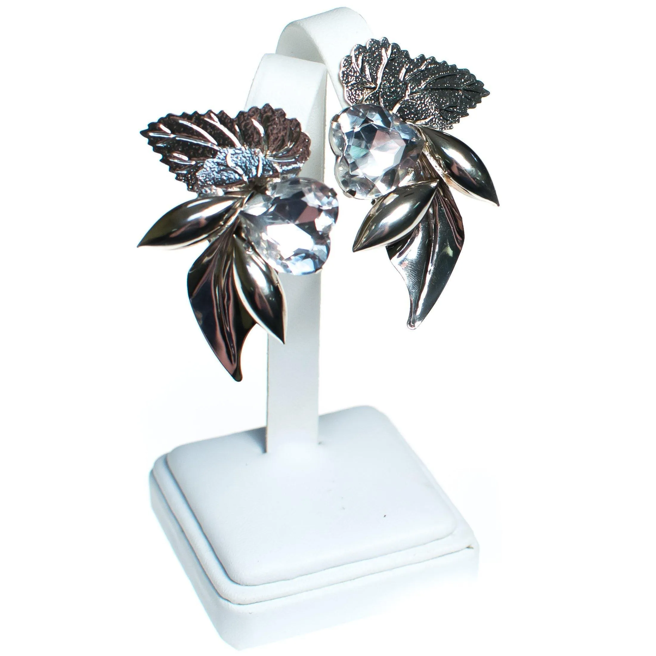 Vintage 1980s Glam Silver Statement Earrings with Crystal Heart