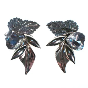 Vintage 1980s Glam Silver Statement Earrings with Crystal Heart