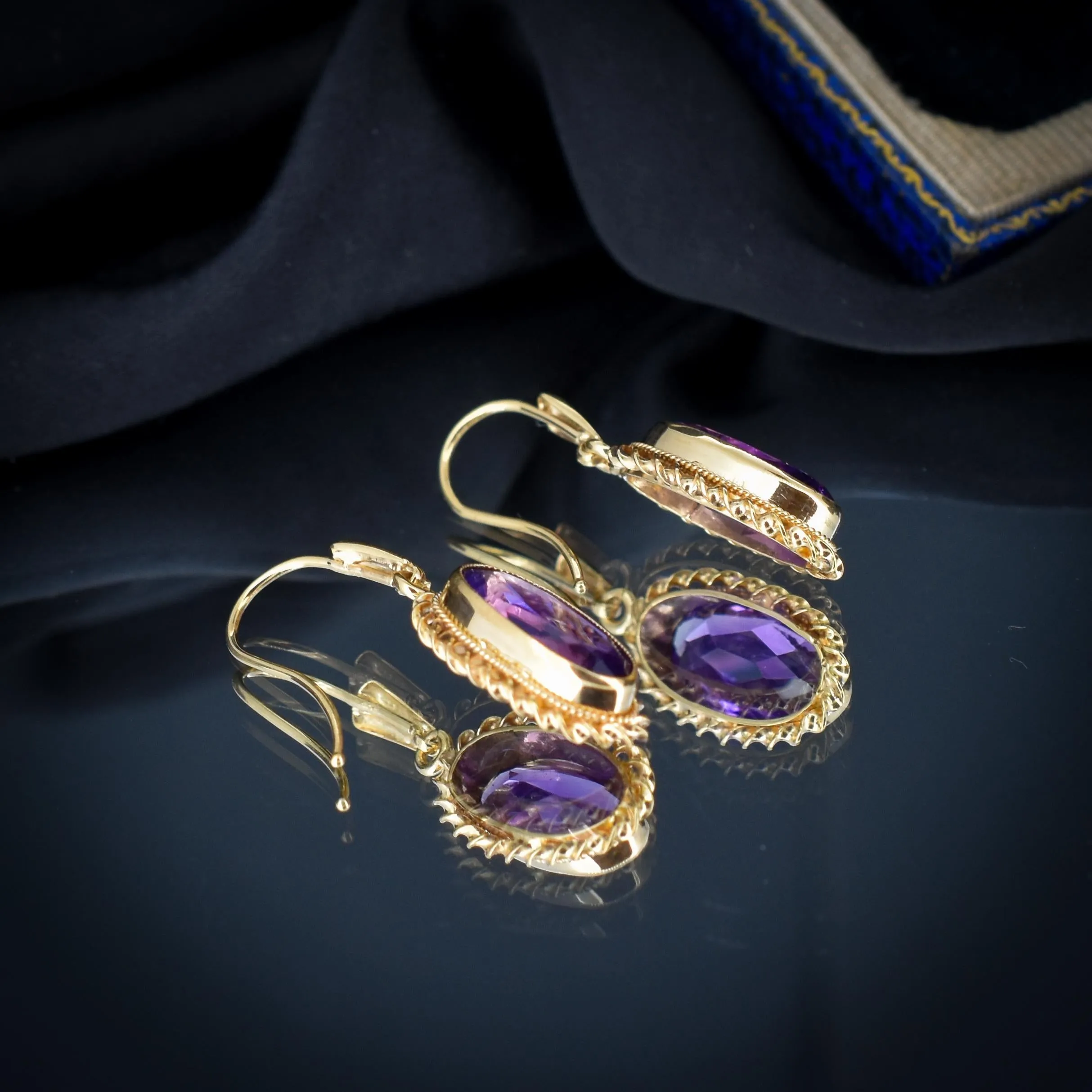 Vintage Amethyst 9ct Yellow Gold Oval Drop Earrings