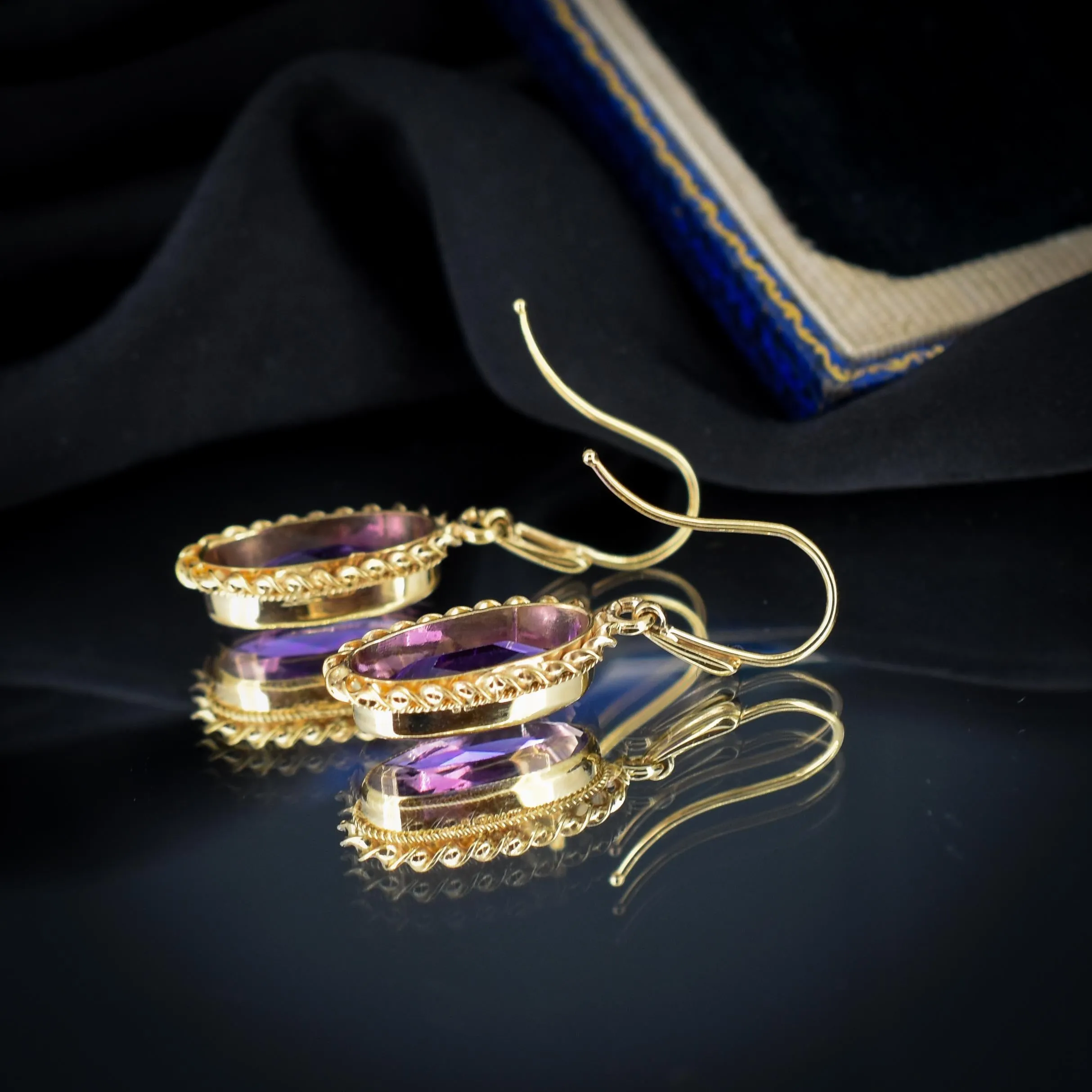 Vintage Amethyst 9ct Yellow Gold Oval Drop Earrings
