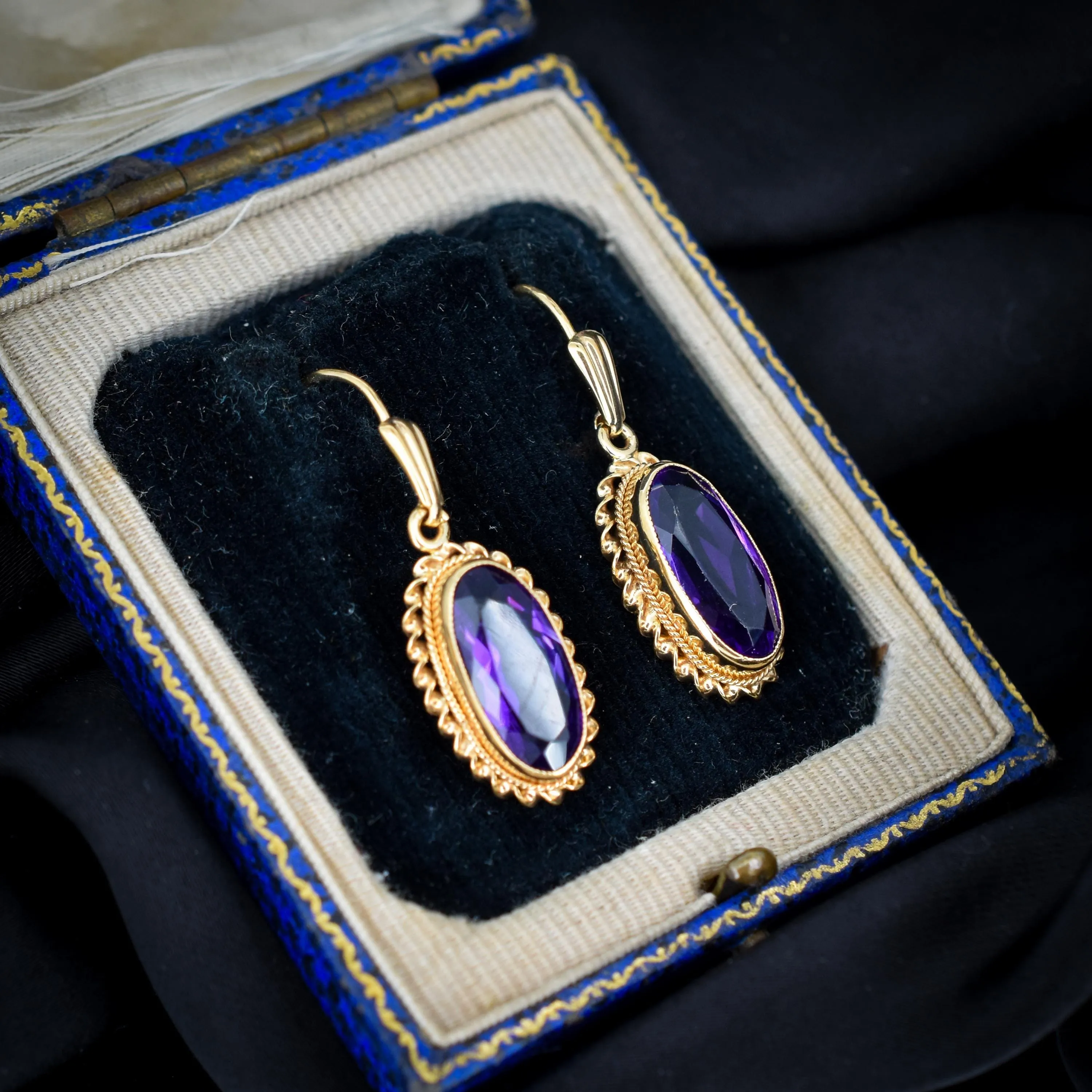Vintage Amethyst 9ct Yellow Gold Oval Drop Earrings