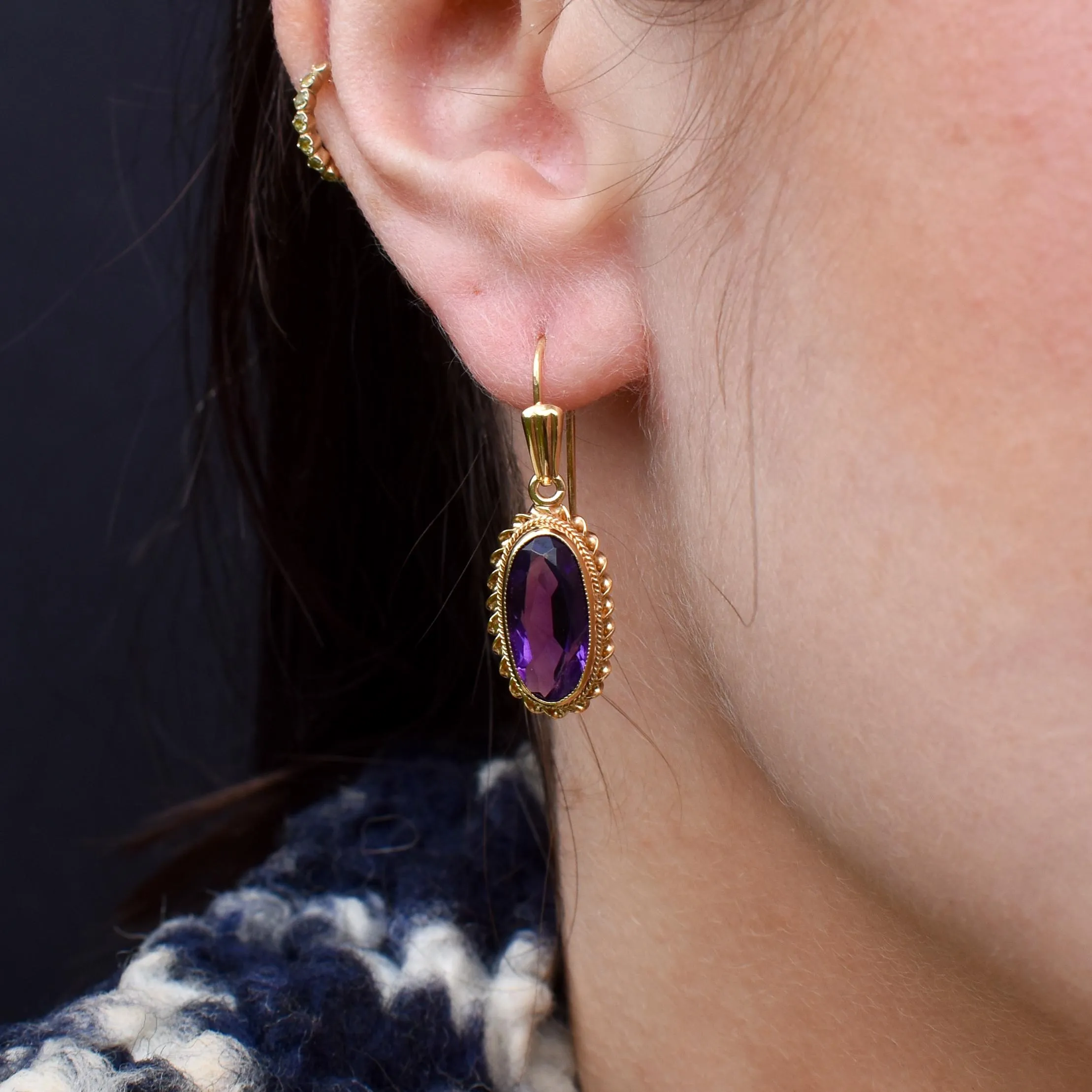 Vintage Amethyst 9ct Yellow Gold Oval Drop Earrings