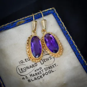 Vintage Amethyst 9ct Yellow Gold Oval Drop Earrings