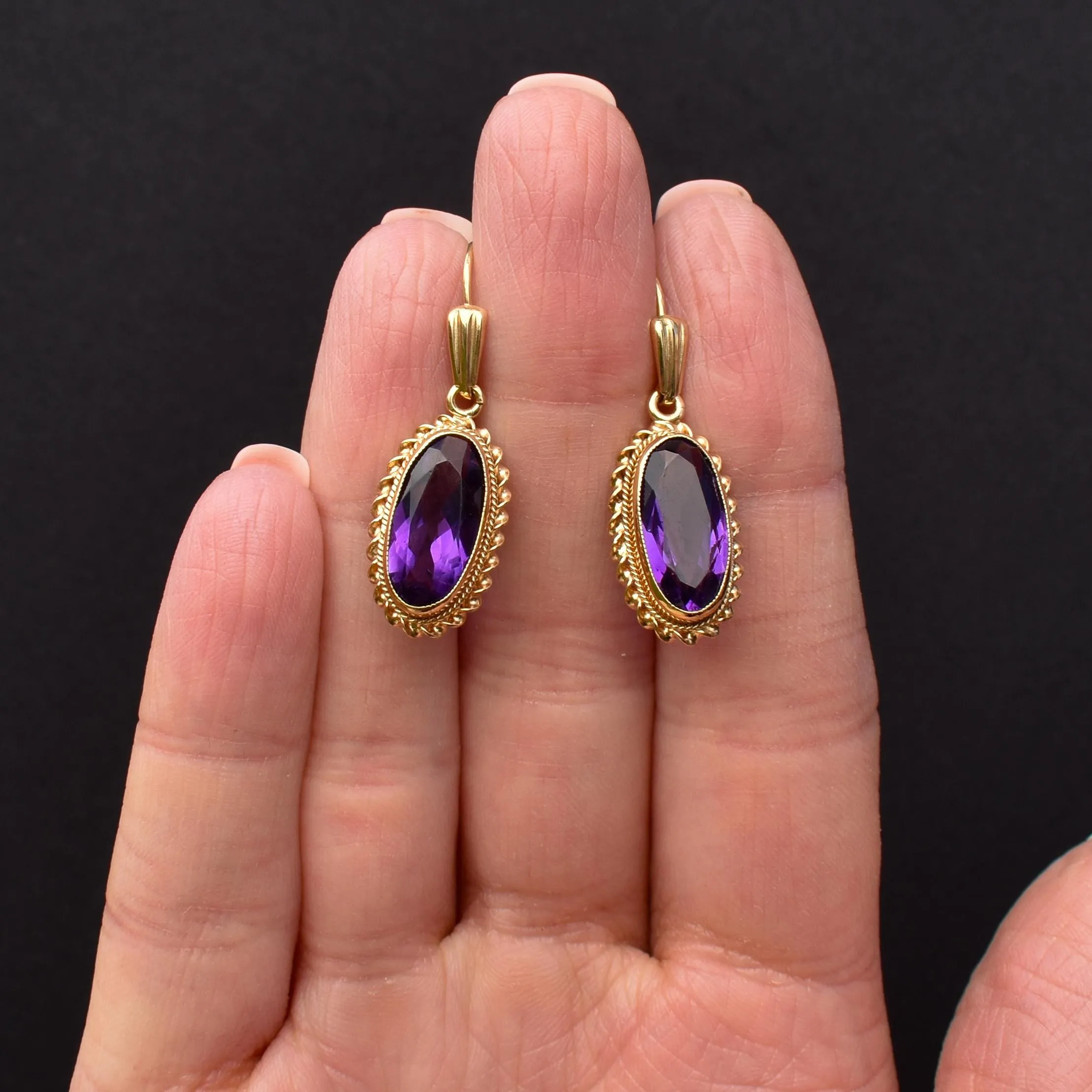 Vintage Amethyst 9ct Yellow Gold Oval Drop Earrings