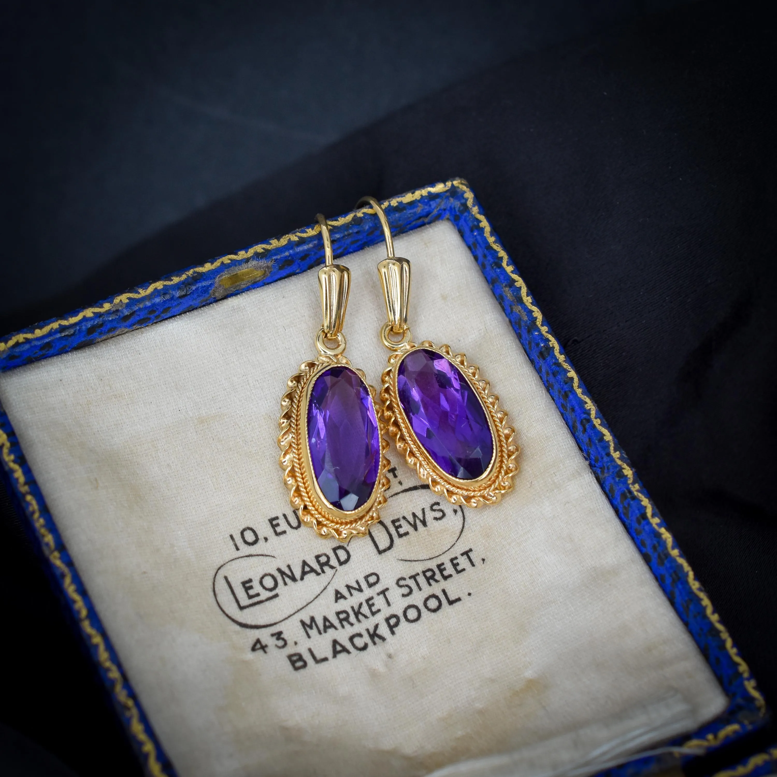 Vintage Amethyst 9ct Yellow Gold Oval Drop Earrings