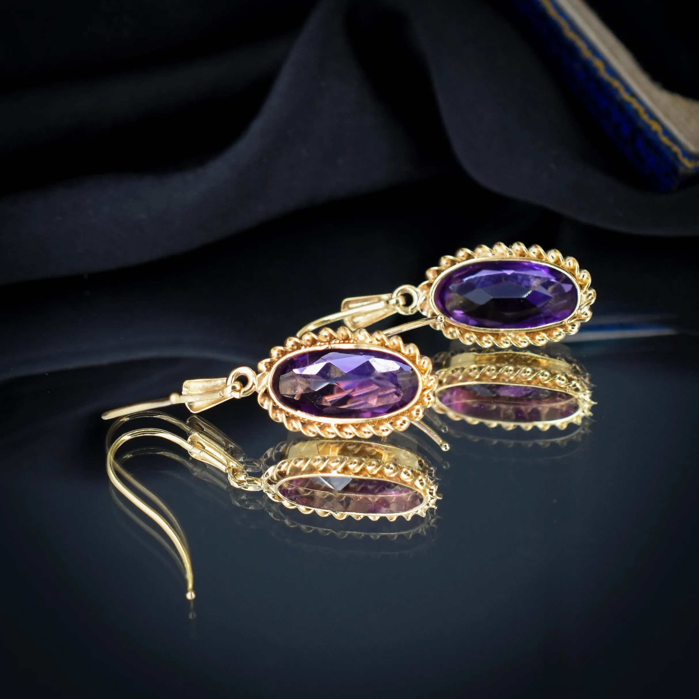 Vintage Amethyst 9ct Yellow Gold Oval Drop Earrings