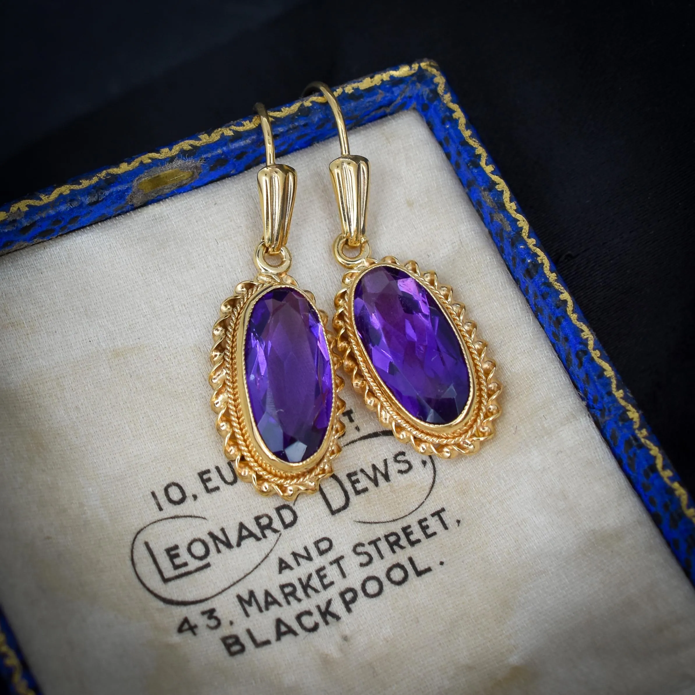 Vintage Amethyst 9ct Yellow Gold Oval Drop Earrings
