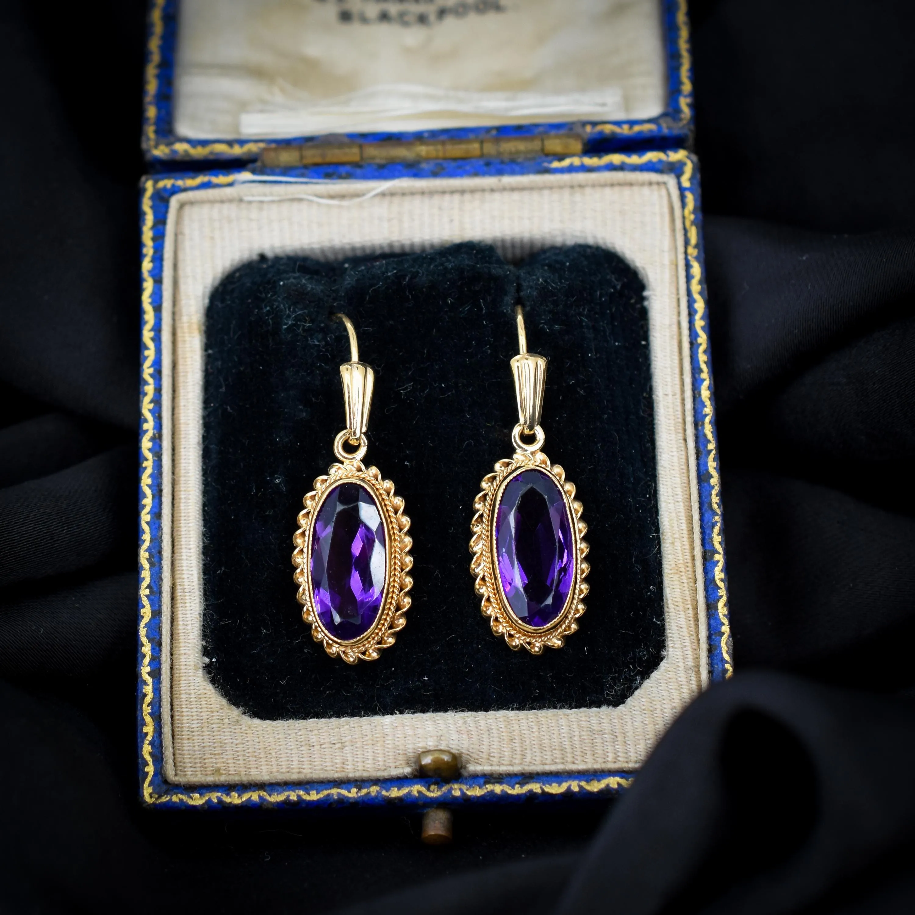 Vintage Amethyst 9ct Yellow Gold Oval Drop Earrings