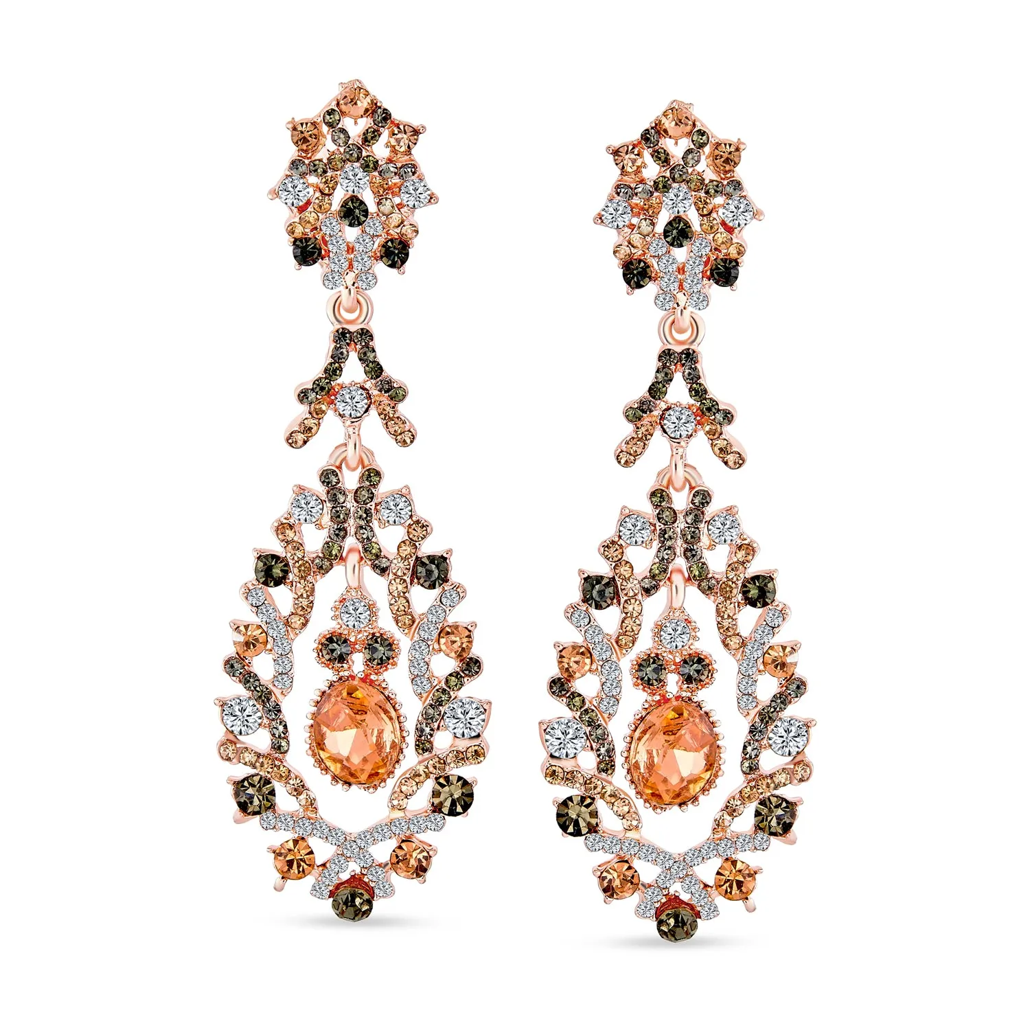 Vintage Art Deco Black & Pink Crystal Lace Dangle Earrings Rose Gold Plated