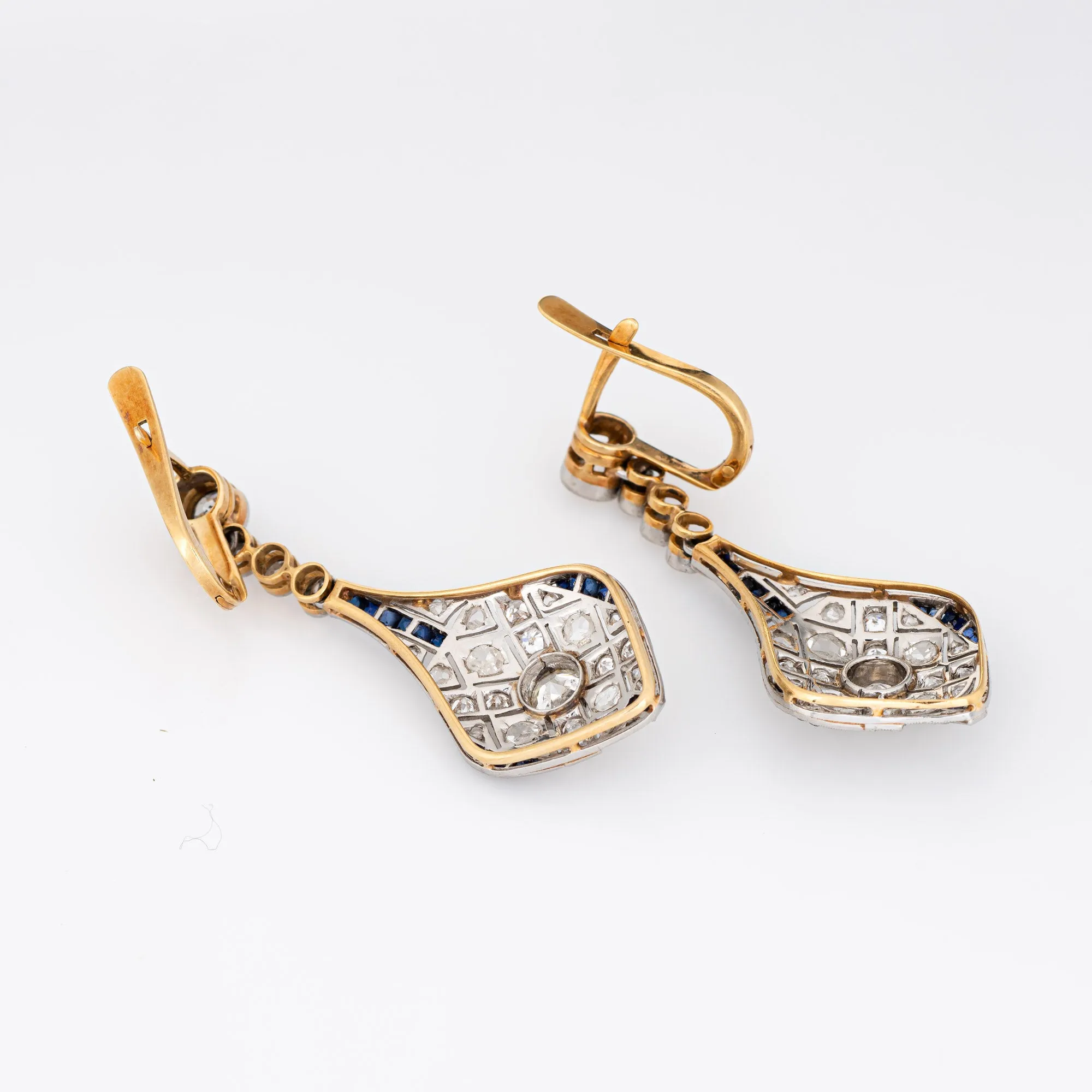 Vintage Art Deco Diamond Sapphire Earrings Drops 18k Gold Platinum Fine Jewelry