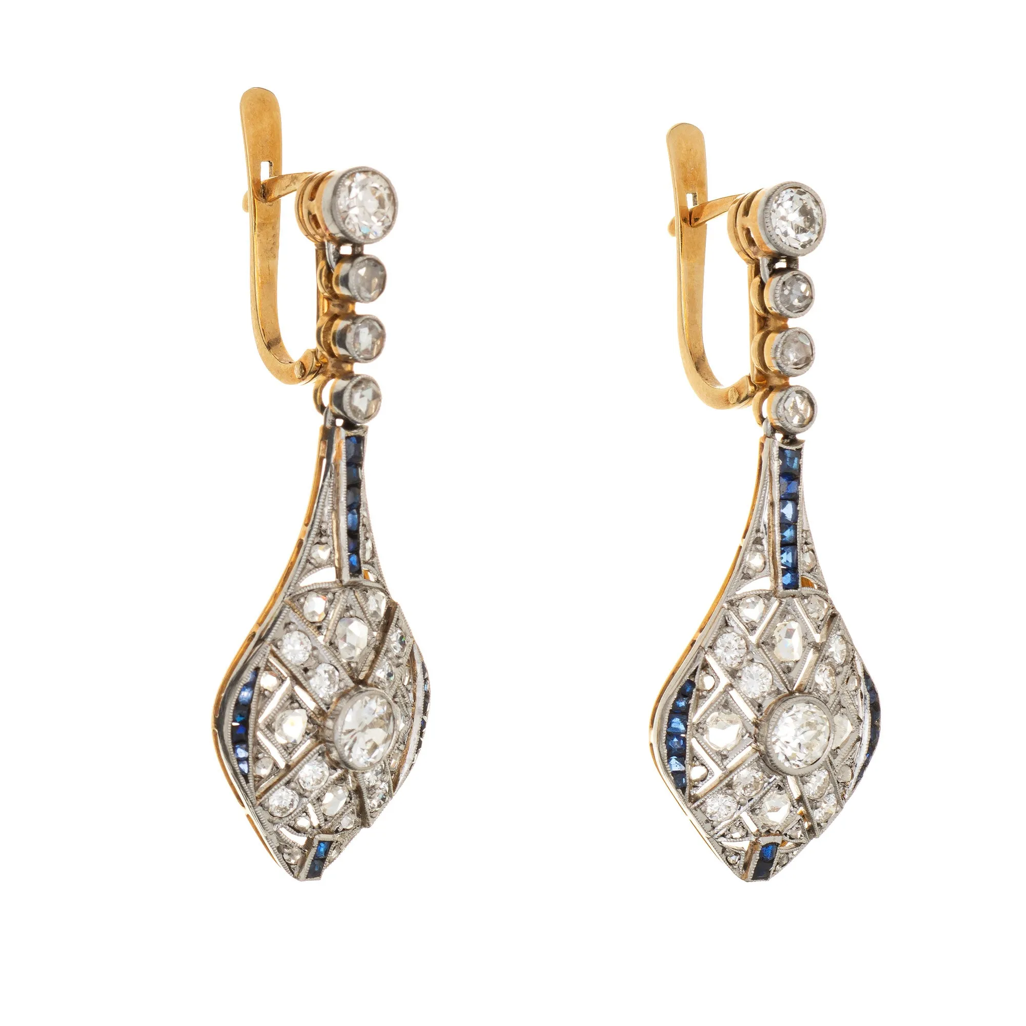 Vintage Art Deco Diamond Sapphire Earrings Drops 18k Gold Platinum Fine Jewelry
