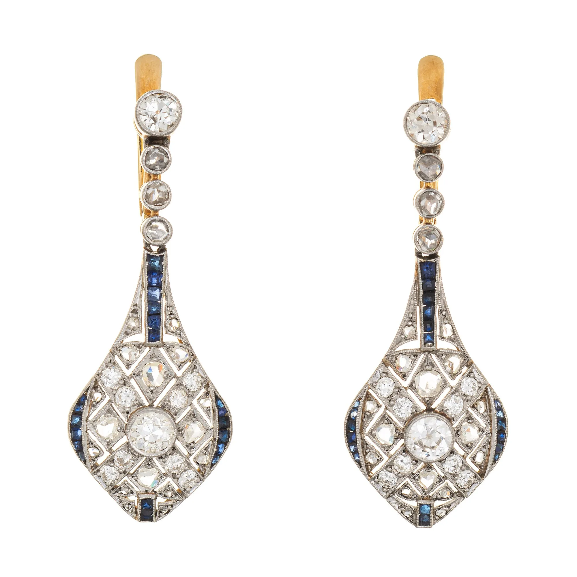 Vintage Art Deco Diamond Sapphire Earrings Drops 18k Gold Platinum Fine Jewelry