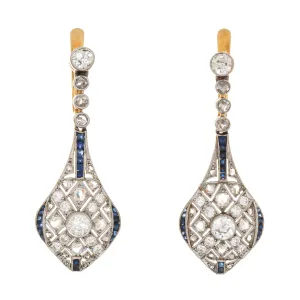Vintage Art Deco Diamond Sapphire Earrings Drops 18k Gold Platinum Fine Jewelry