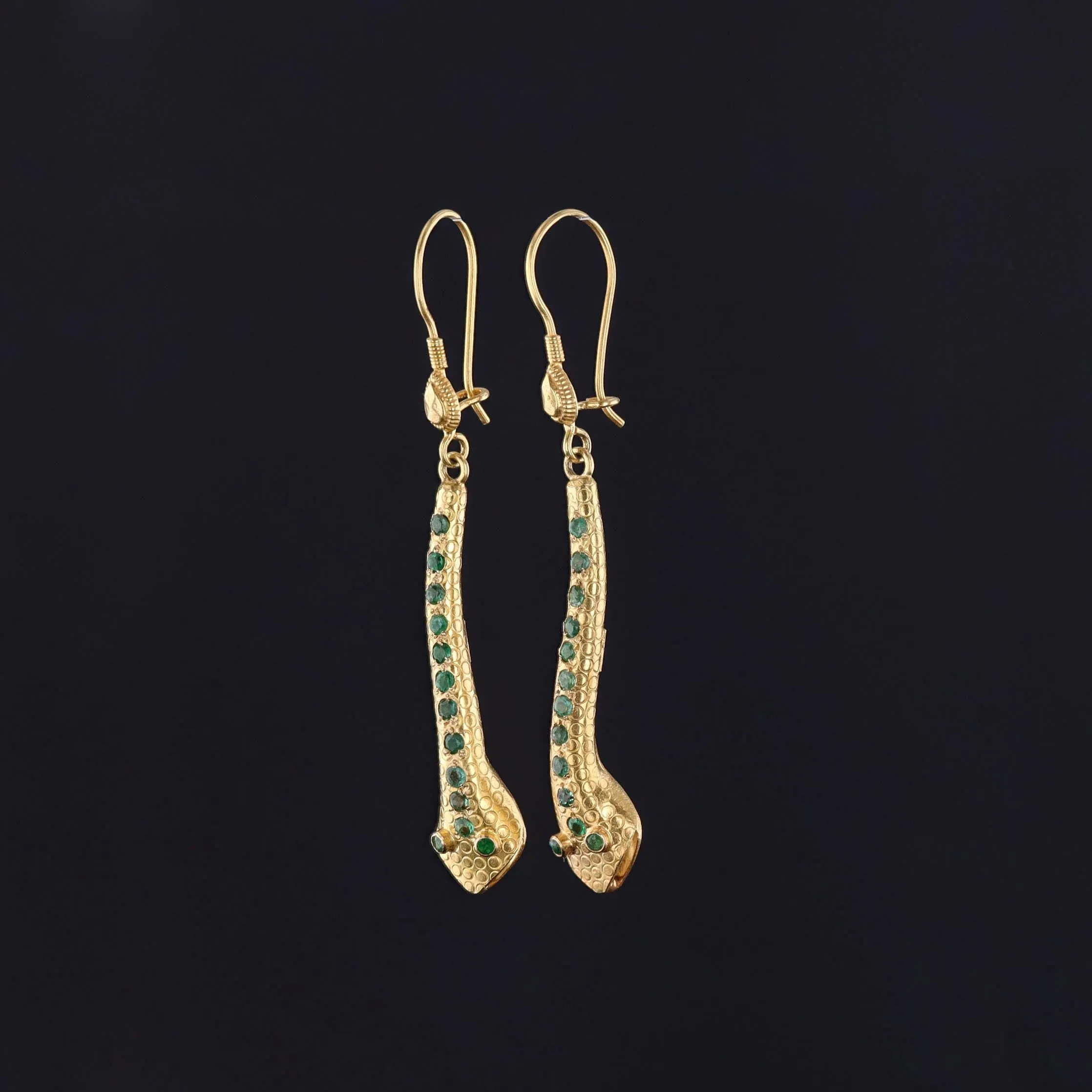 Vintage Emerald Snake Earrings of 18k Gold