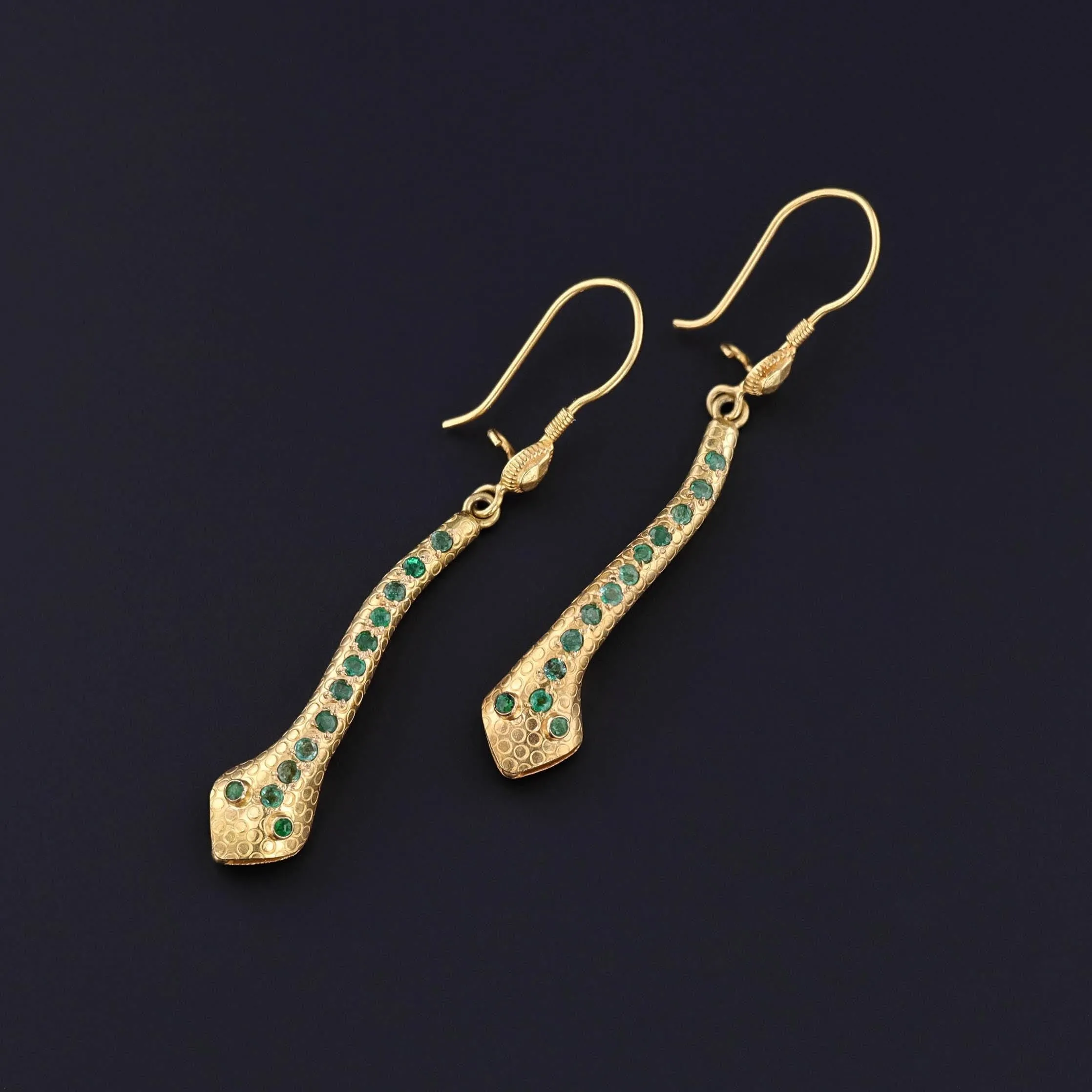 Vintage Emerald Snake Earrings of 18k Gold