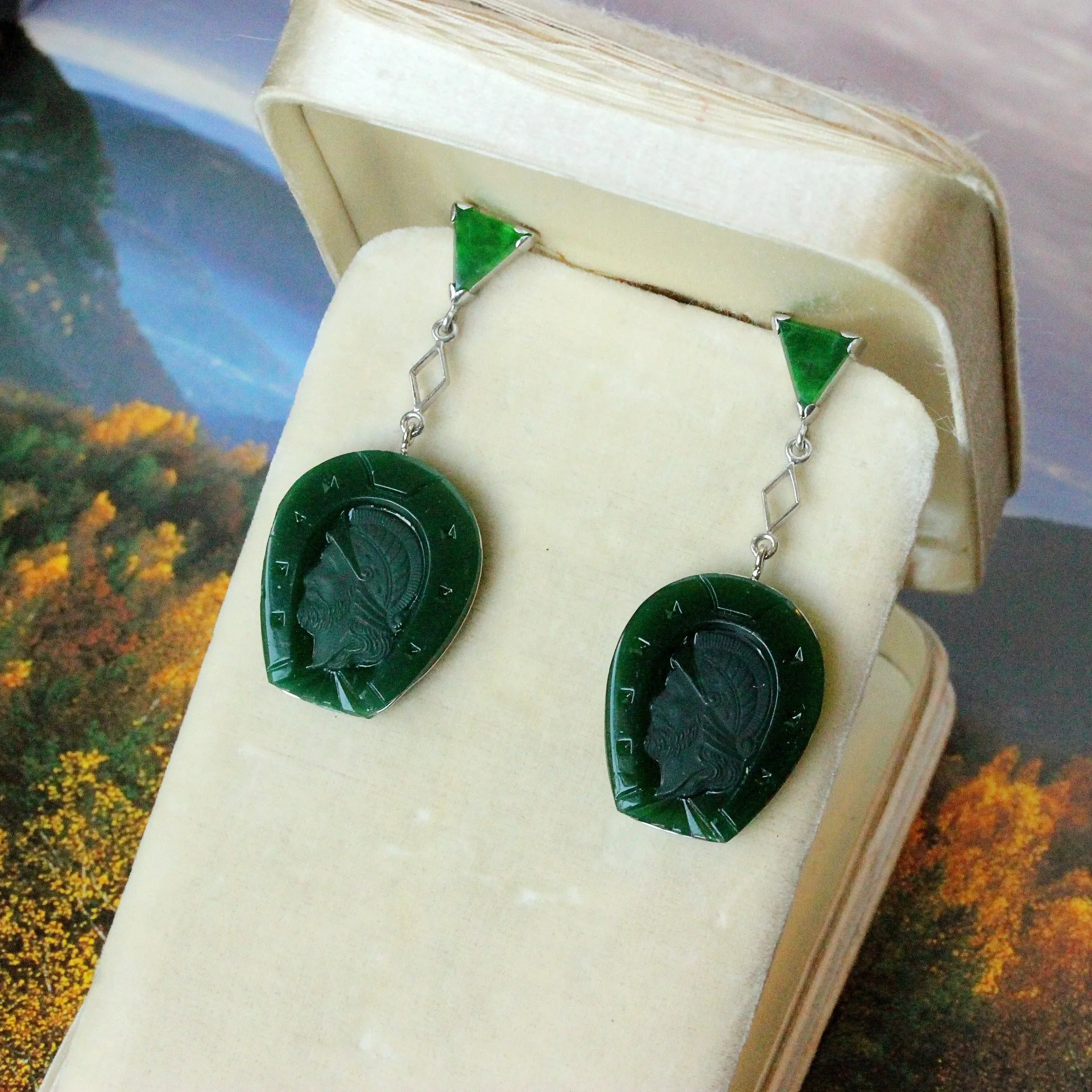 Vintage Green Onyx Intaglio & Jade Trillion Earrings, 14k