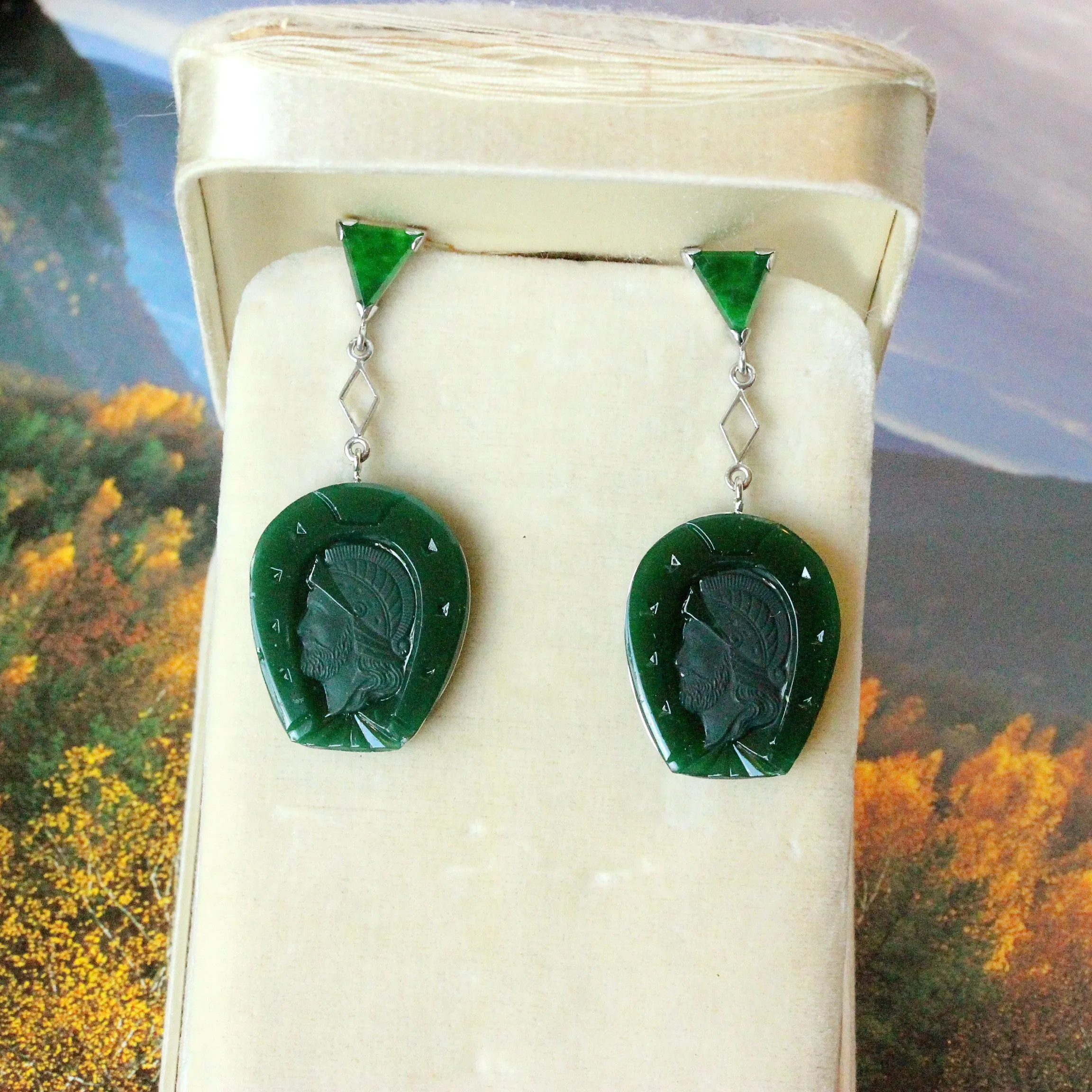 Vintage Green Onyx Intaglio & Jade Trillion Earrings, 14k